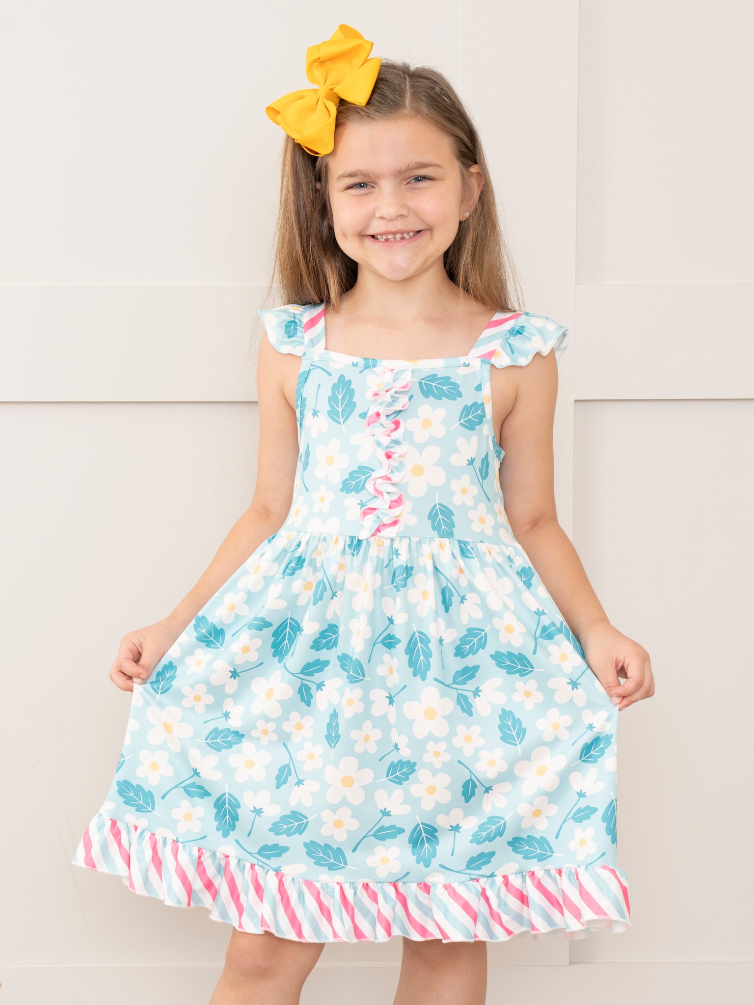 Teal Daisies & Candy Stripes Ruffle Dress - Marie Nicole Clothing