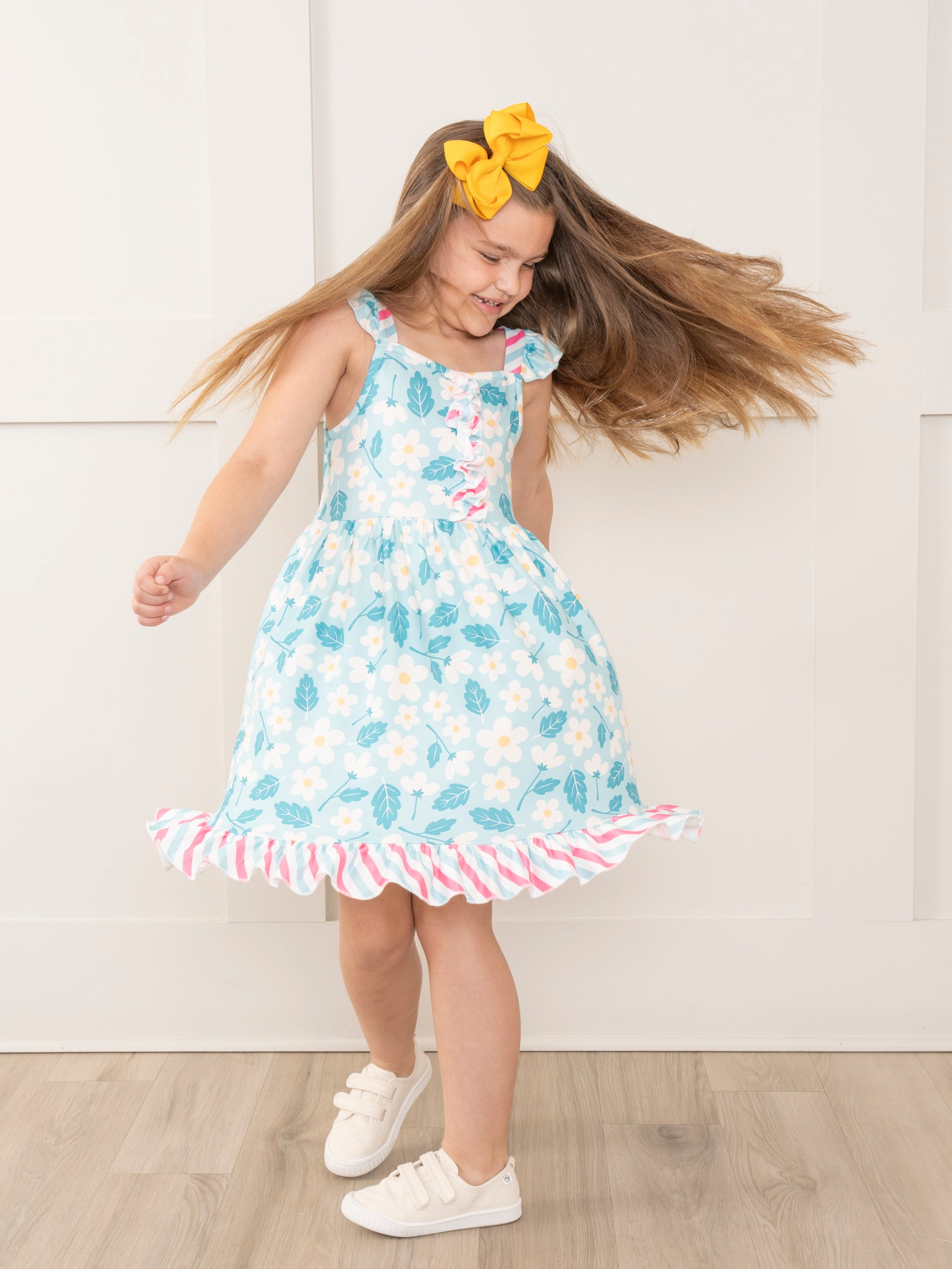 Teal Daisies & Candy Stripes Ruffle Dress - Marie Nicole Clothing