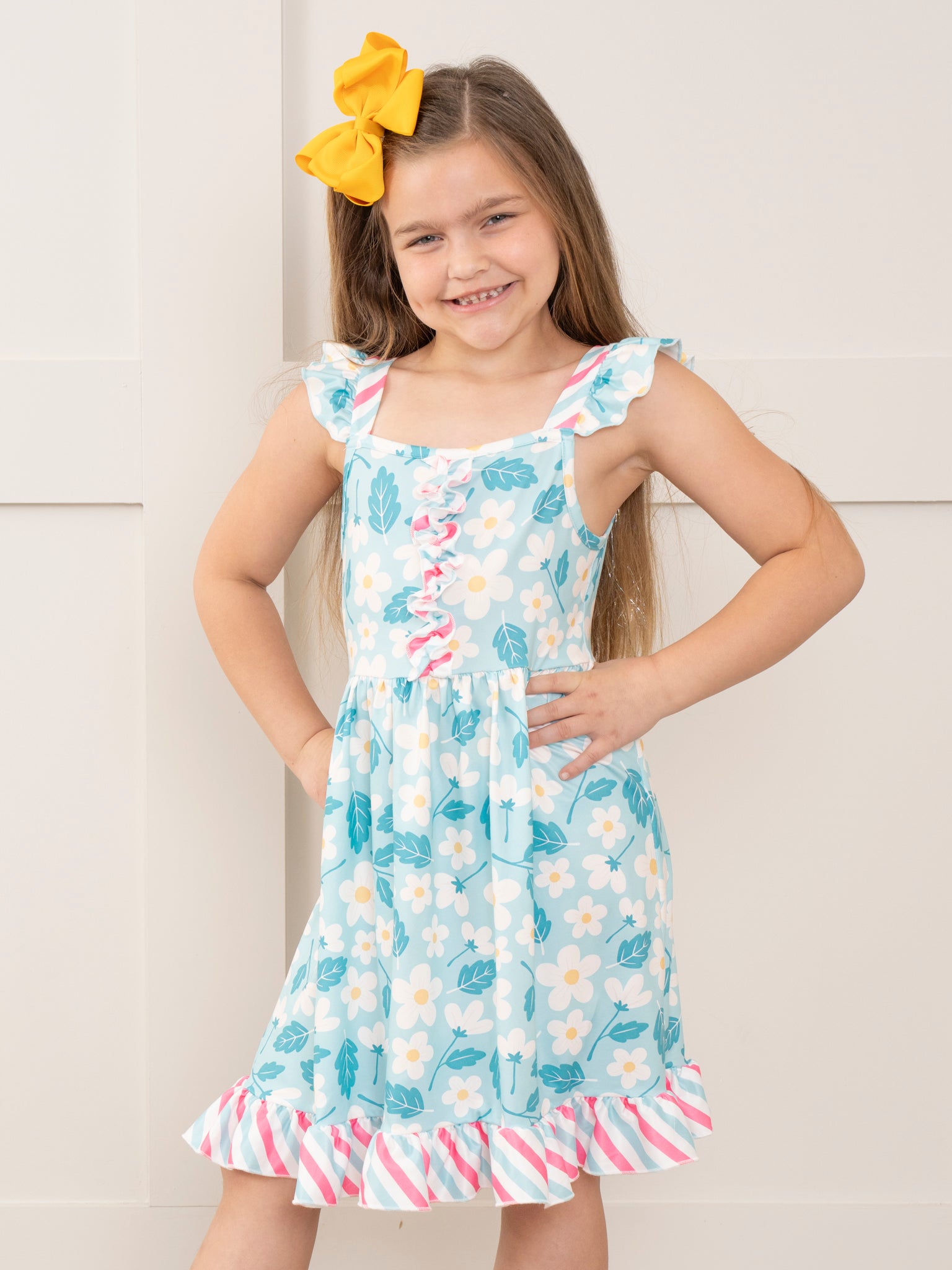Teal Daisies & Candy Stripes Ruffle Dress - Marie Nicole Clothing