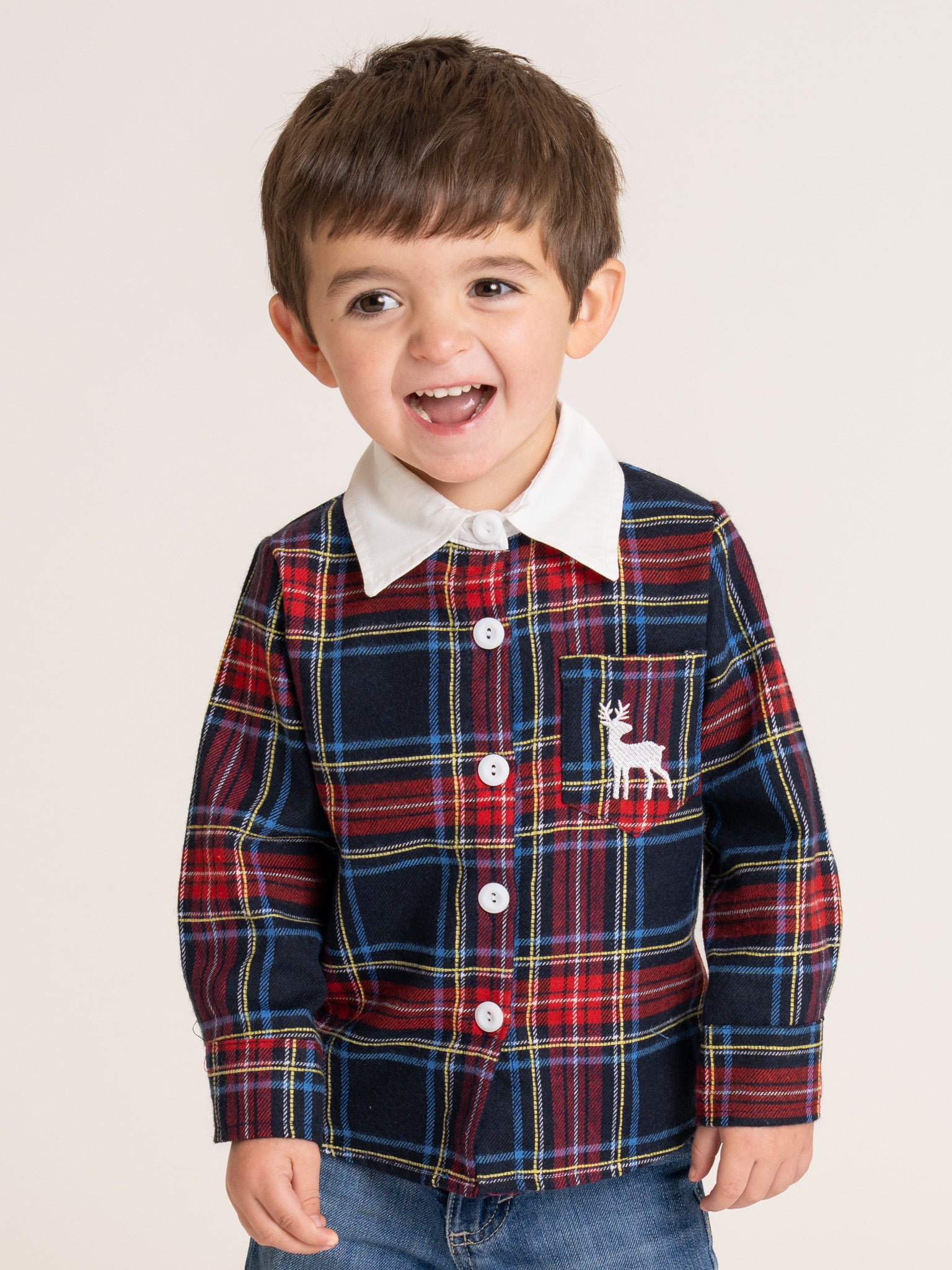 Embroidered Reindeer Plaid Button-Up Shirt - Marie Nicole Clothing