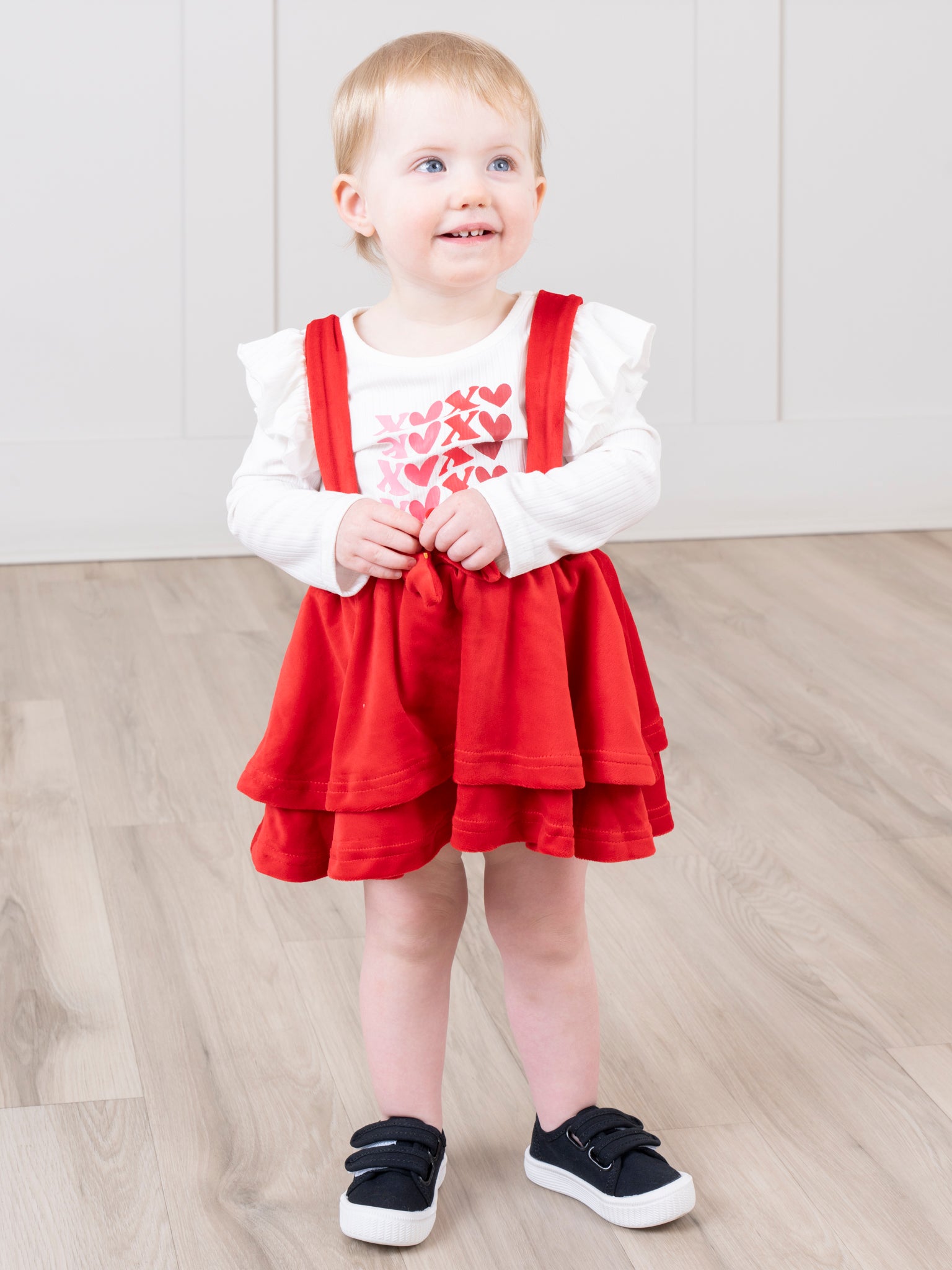 Red Velvet Falling Hearts Skirt Overalls Set - Marie Nicole Clothing