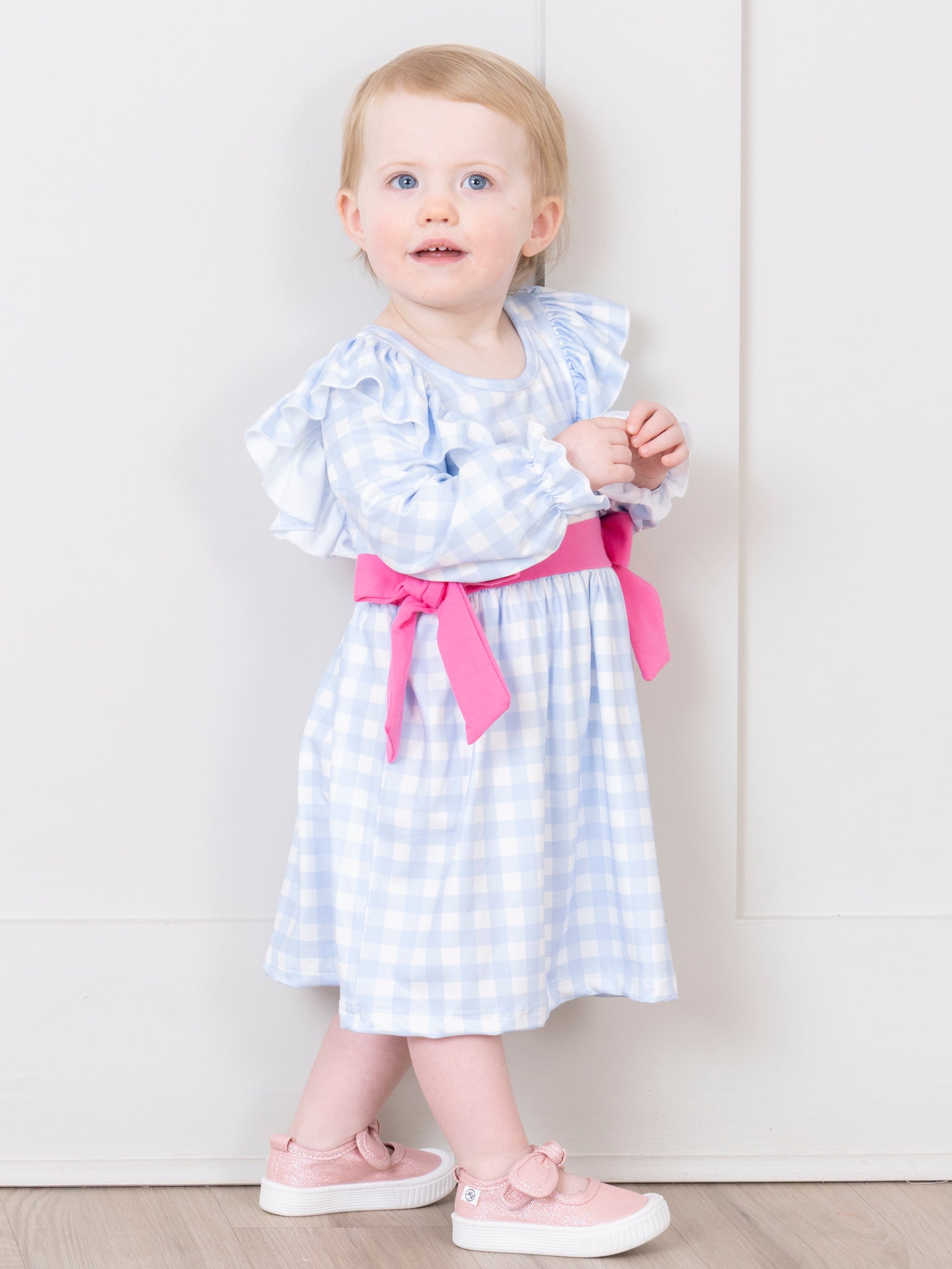 Light Blue Plaid Embroidered Rocking Horse Dress - Marie Nicole Clothing