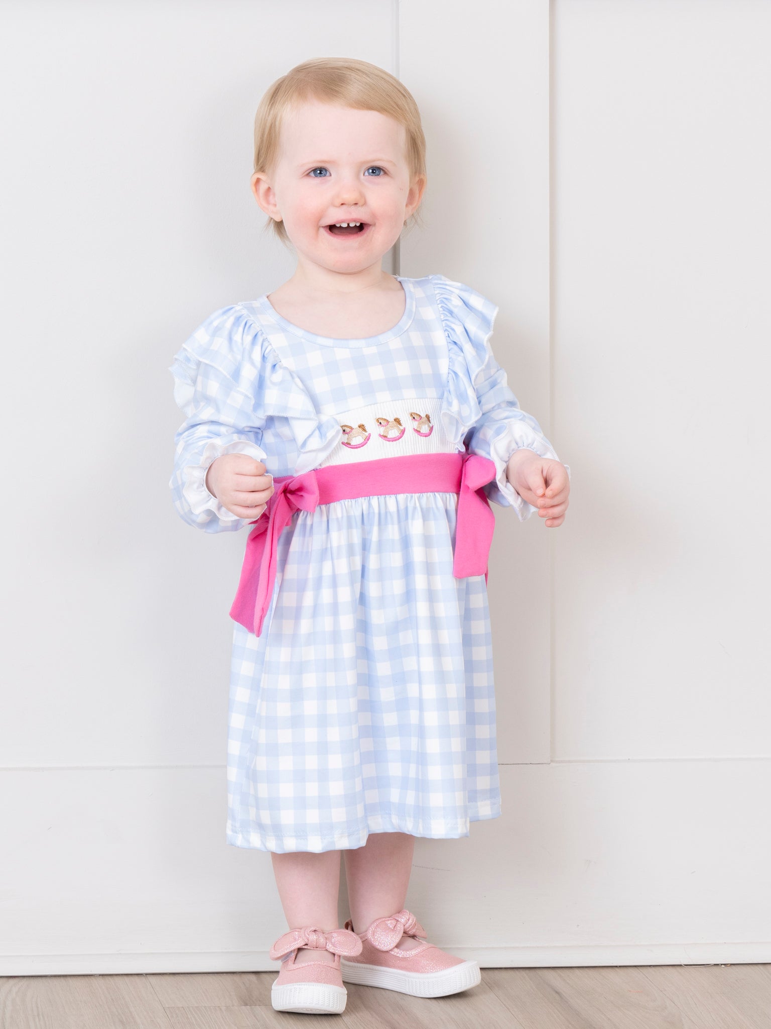Light Blue Plaid Embroidered Rocking Horse Dress - Marie Nicole Clothing