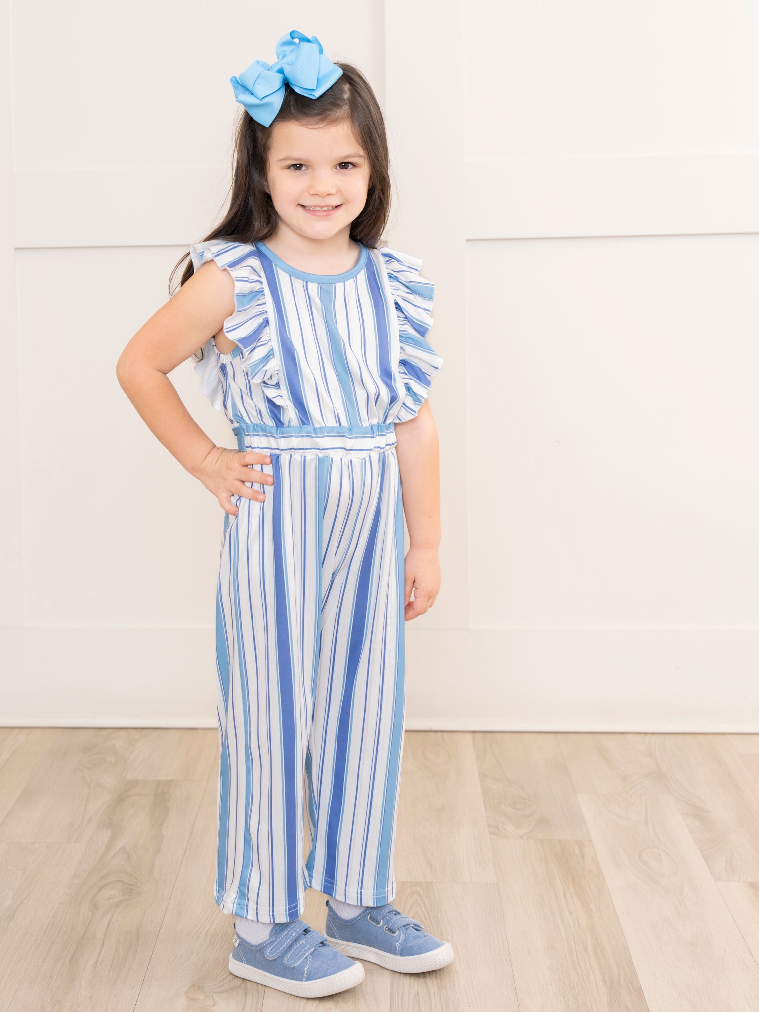 All The Blues Striped Ruffle Jumpsuit - Marie Nicole Clothing
