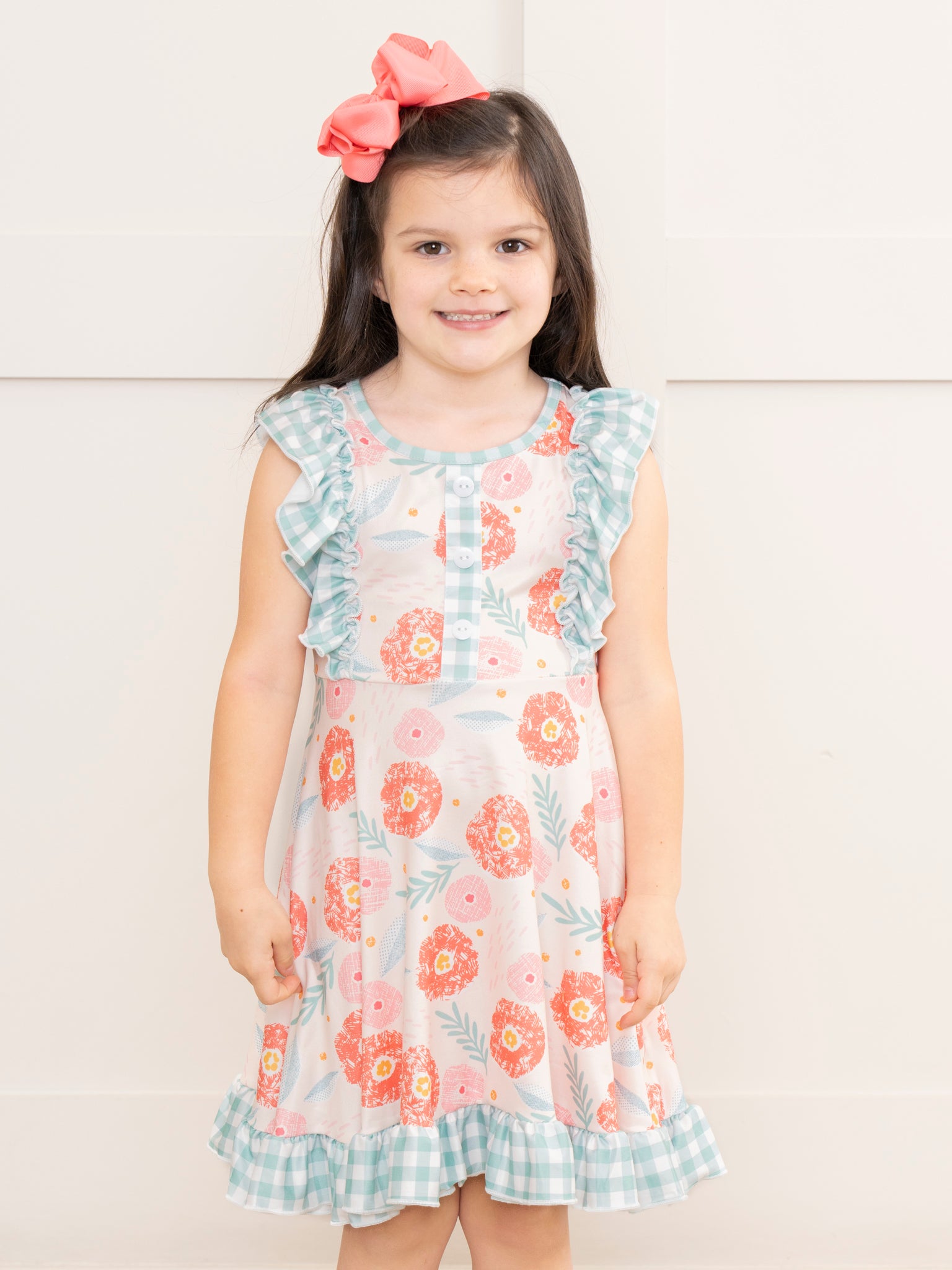 Pink & Teal Gingham Blooms Ruffle Dress - Marie Nicole Clothing