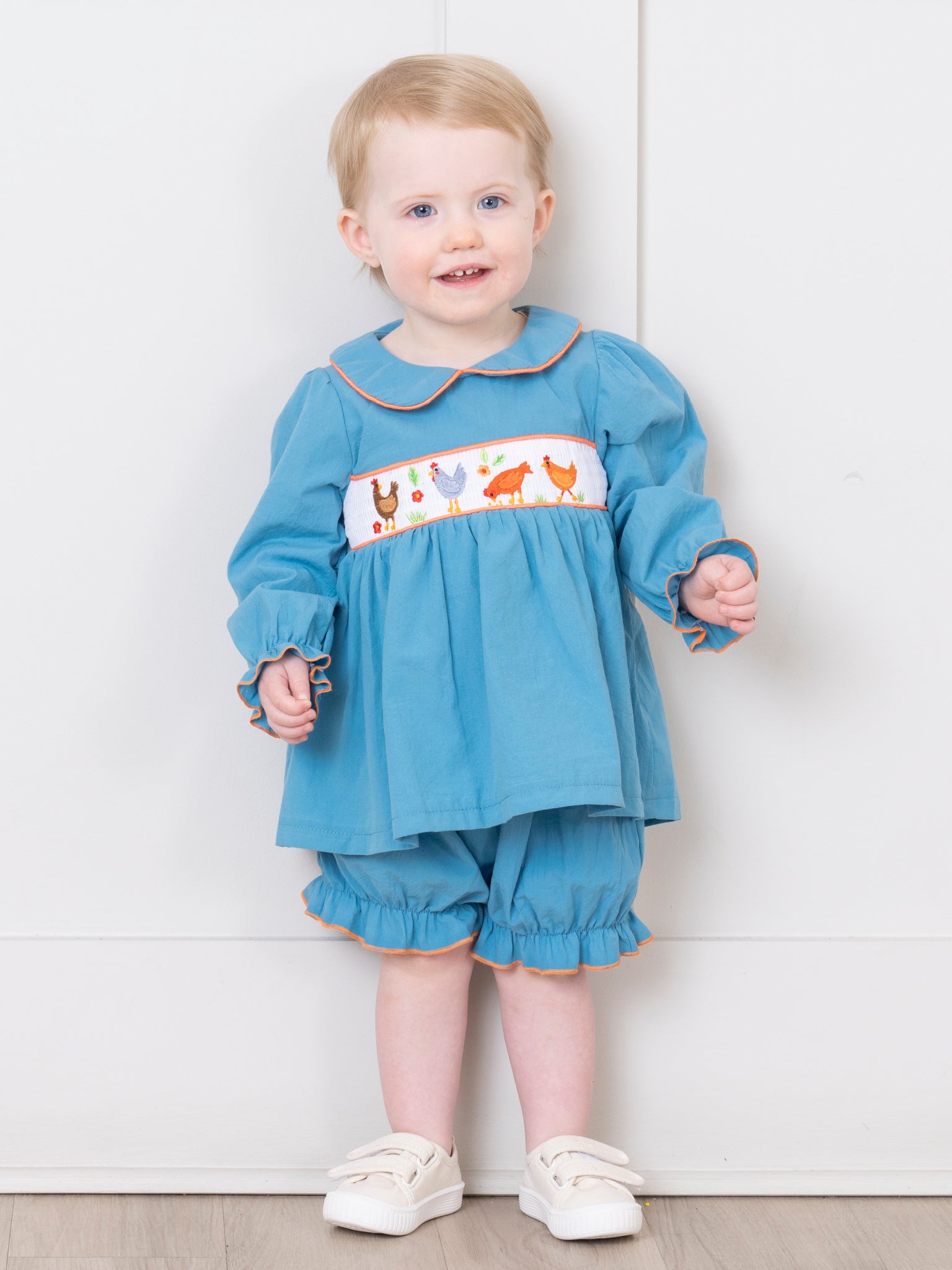 Turquoise Smocked Chicken Bloomers Outfit - Marie Nicole Clothing