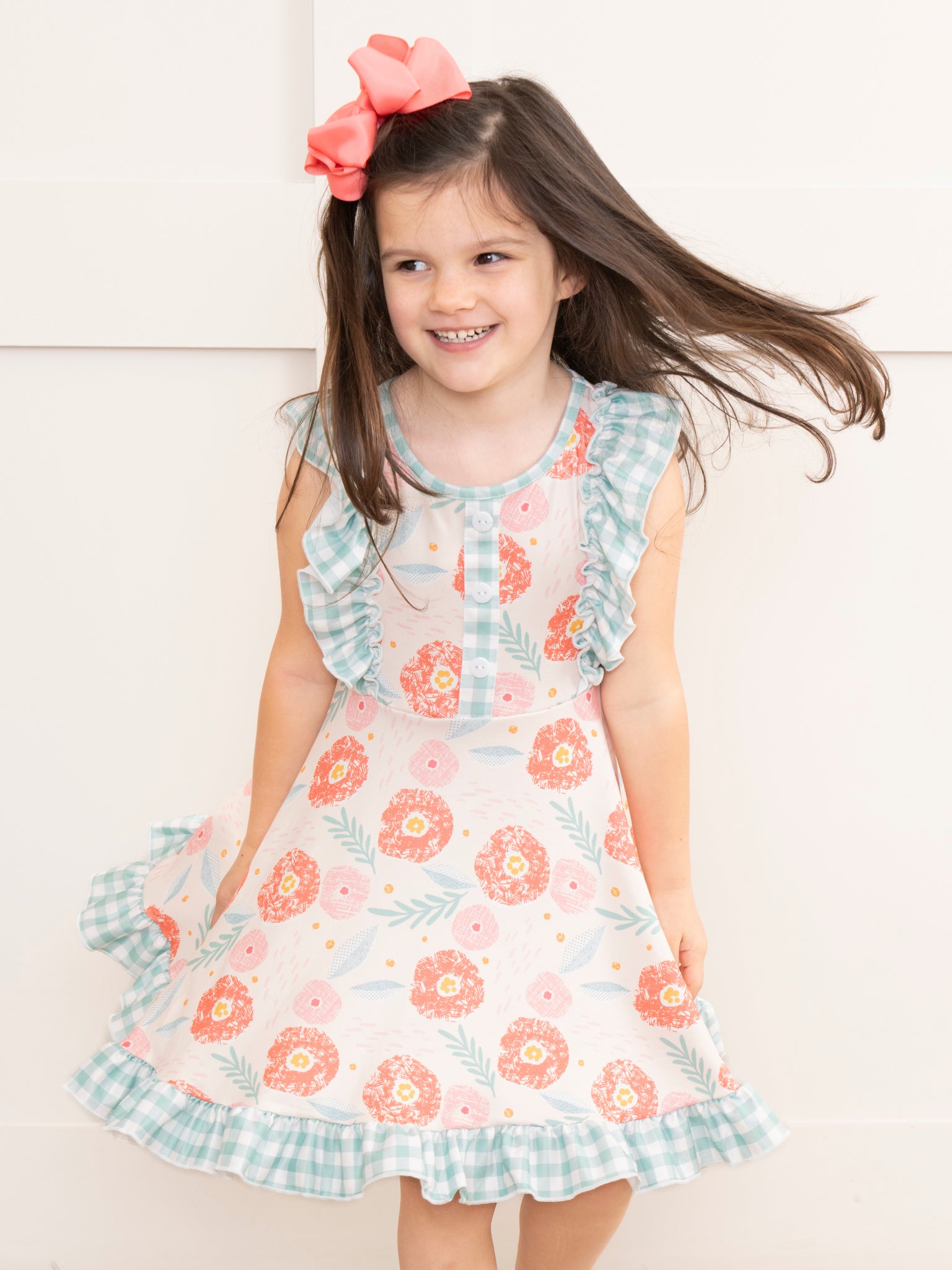 Pink & Teal Gingham Blooms Ruffle Dress - Marie Nicole Clothing