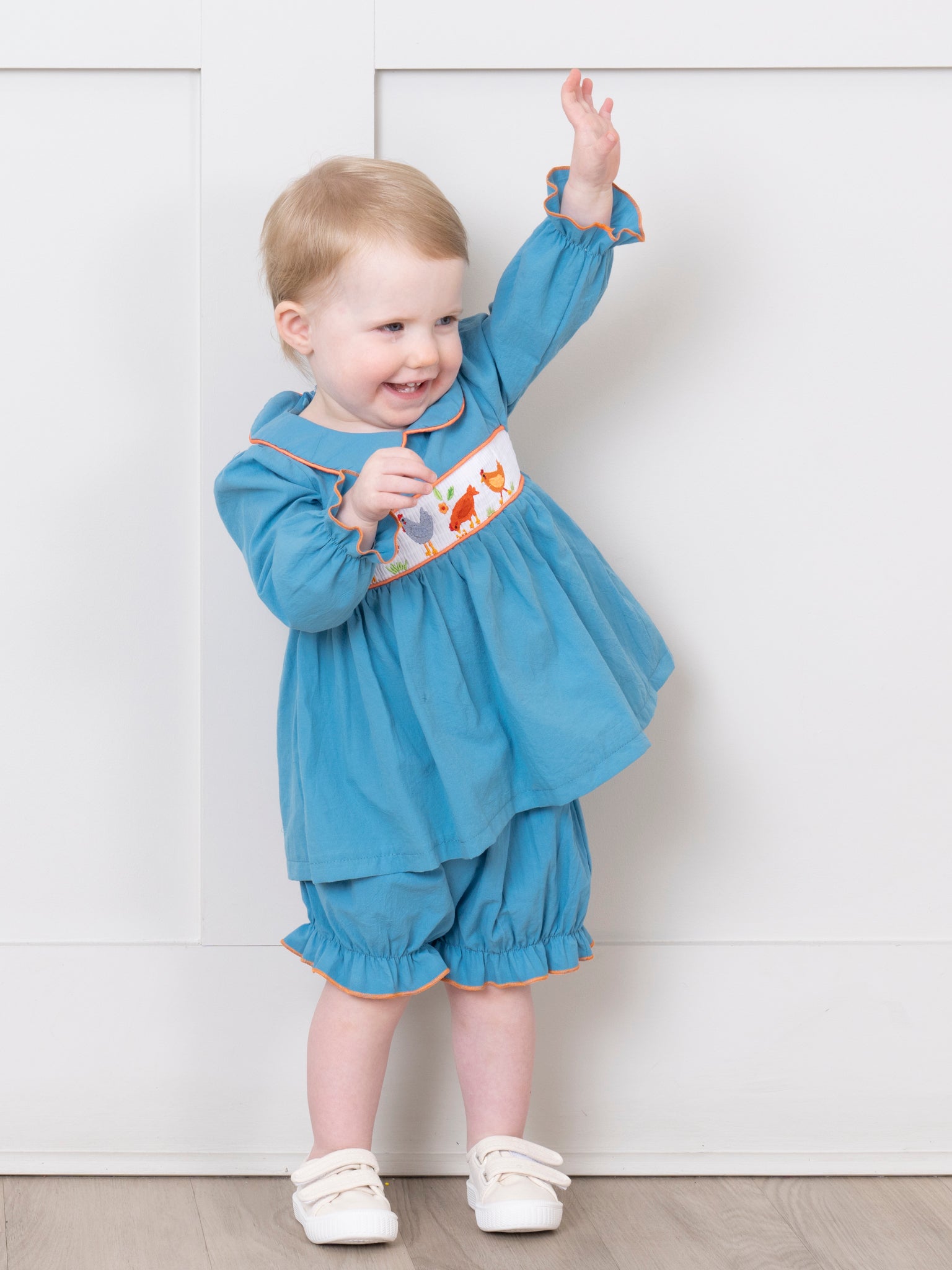 Turquoise Smocked Chicken Bloomers Outfit - Marie Nicole Clothing