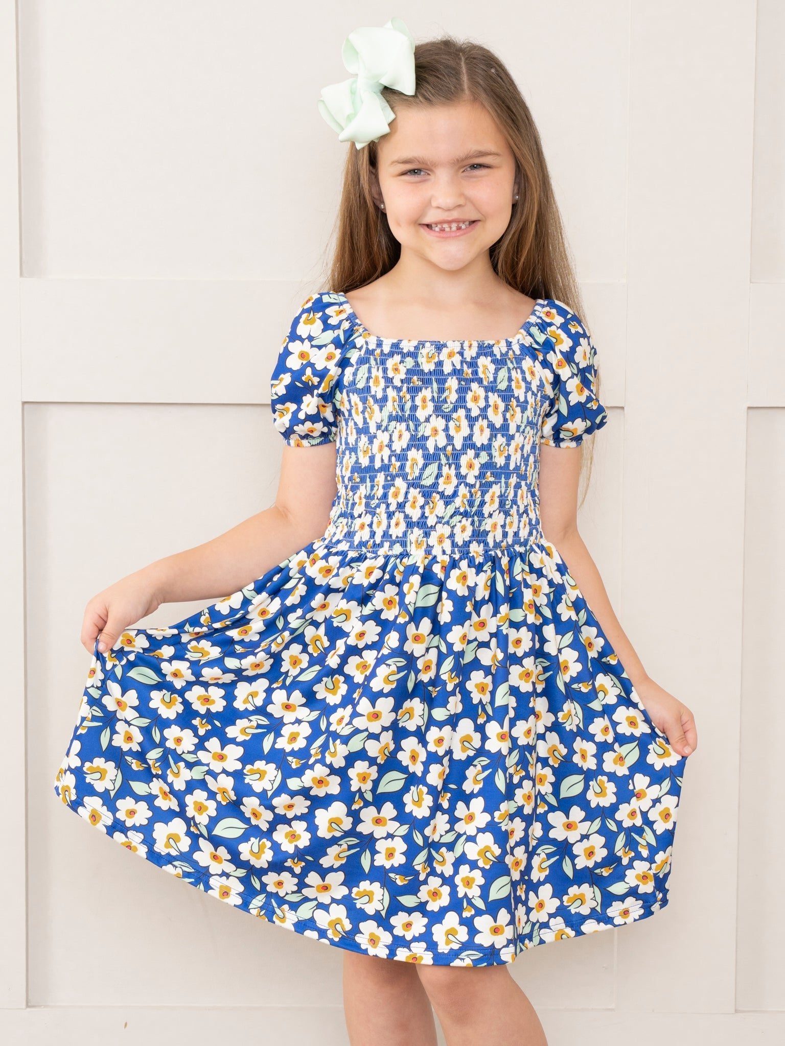 Navy Blooms Smocked Ruffle Dress - Marie Nicole Clothing