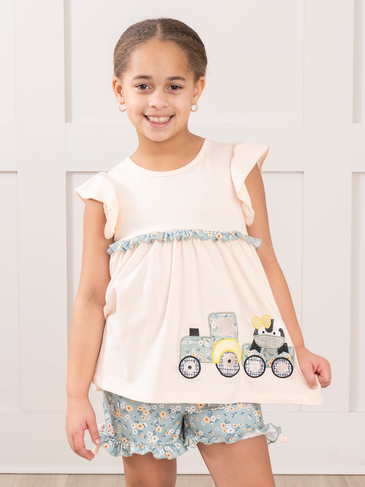 Peach Embroidered Cow Train Outfit - Marie Nicole Clothing