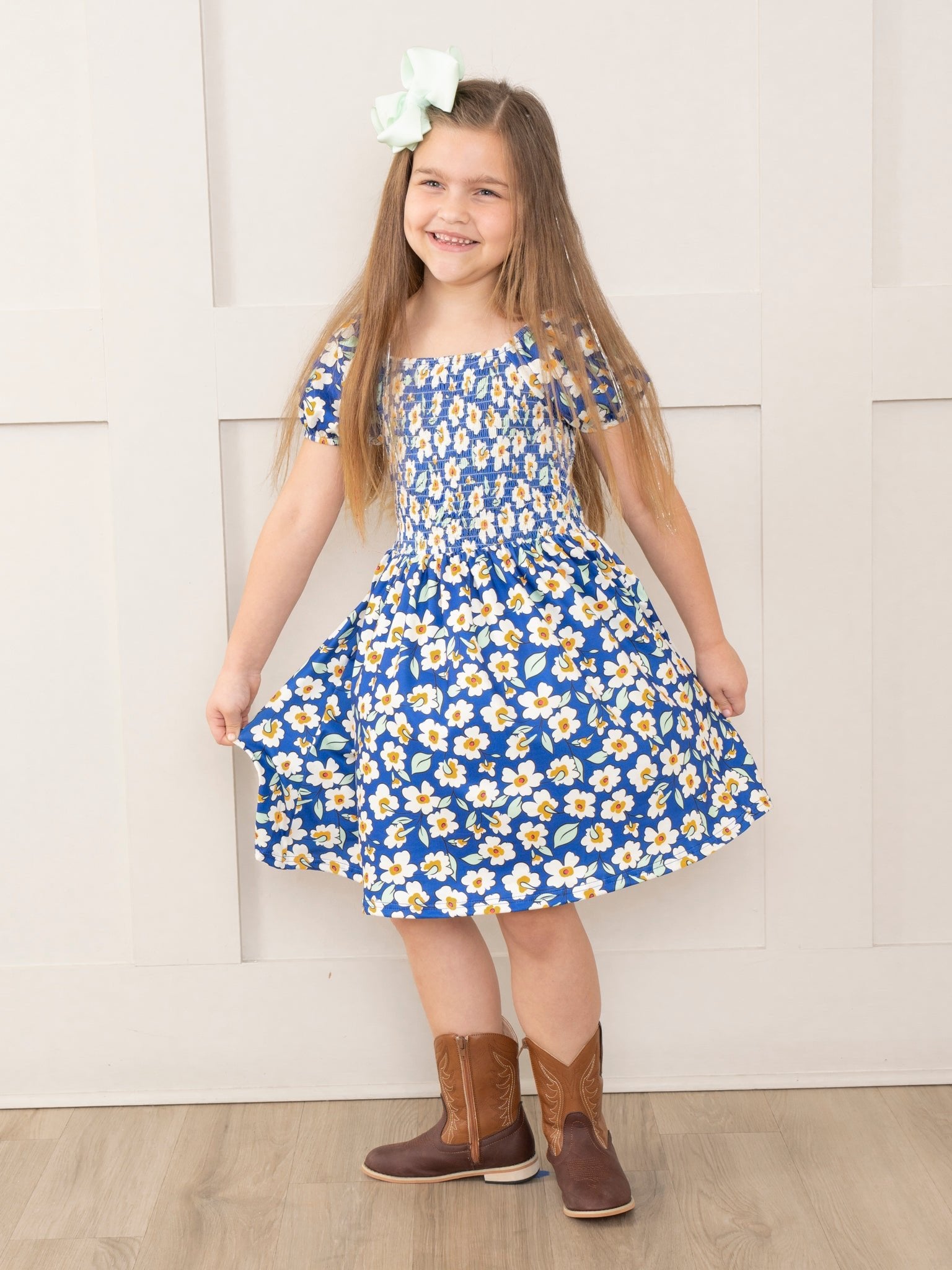 Navy Blooms Smocked Ruffle Dress - Marie Nicole Clothing