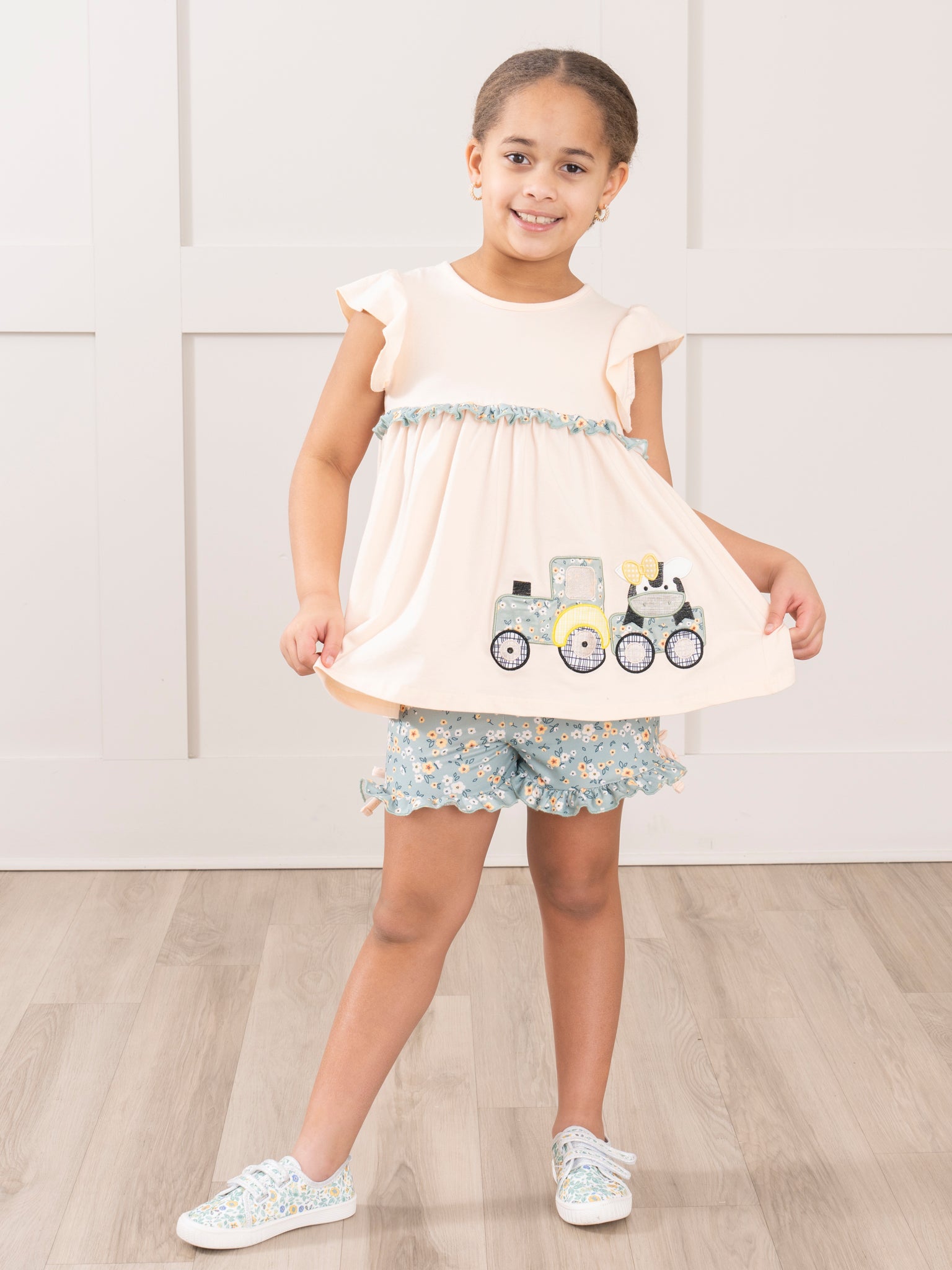 Peach Embroidered Cow Train Outfit - Marie Nicole Clothing