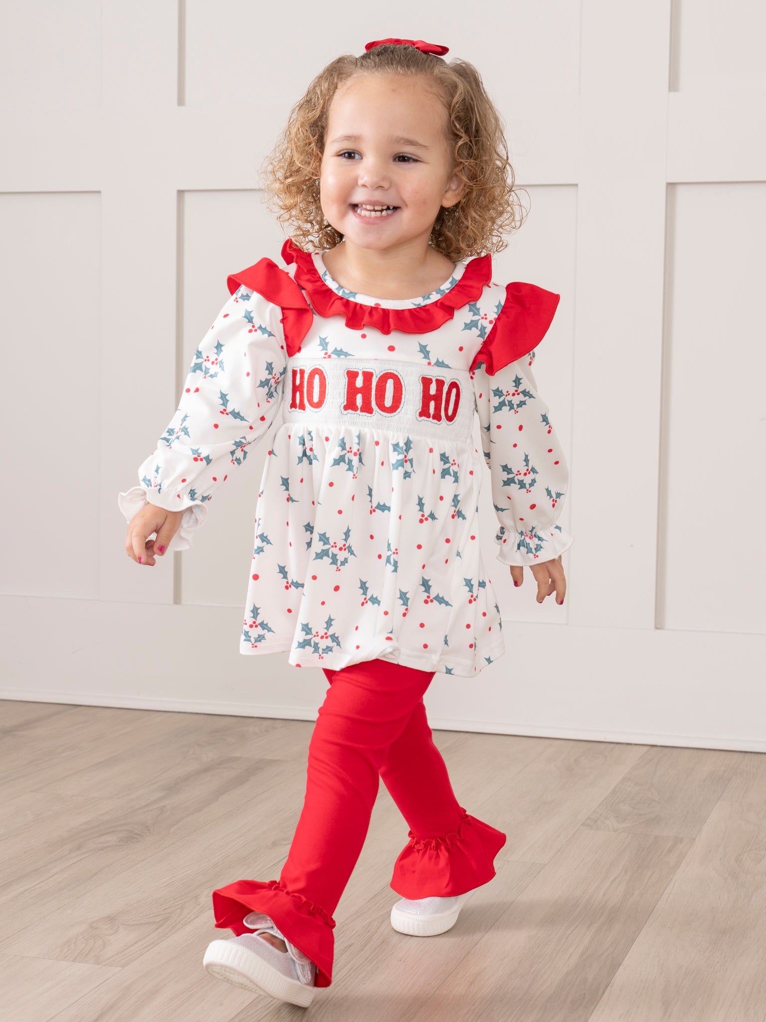 Red & Green Smocked "Ho Ho Ho" Ruffle Outfit - Marie Nicole Clothing