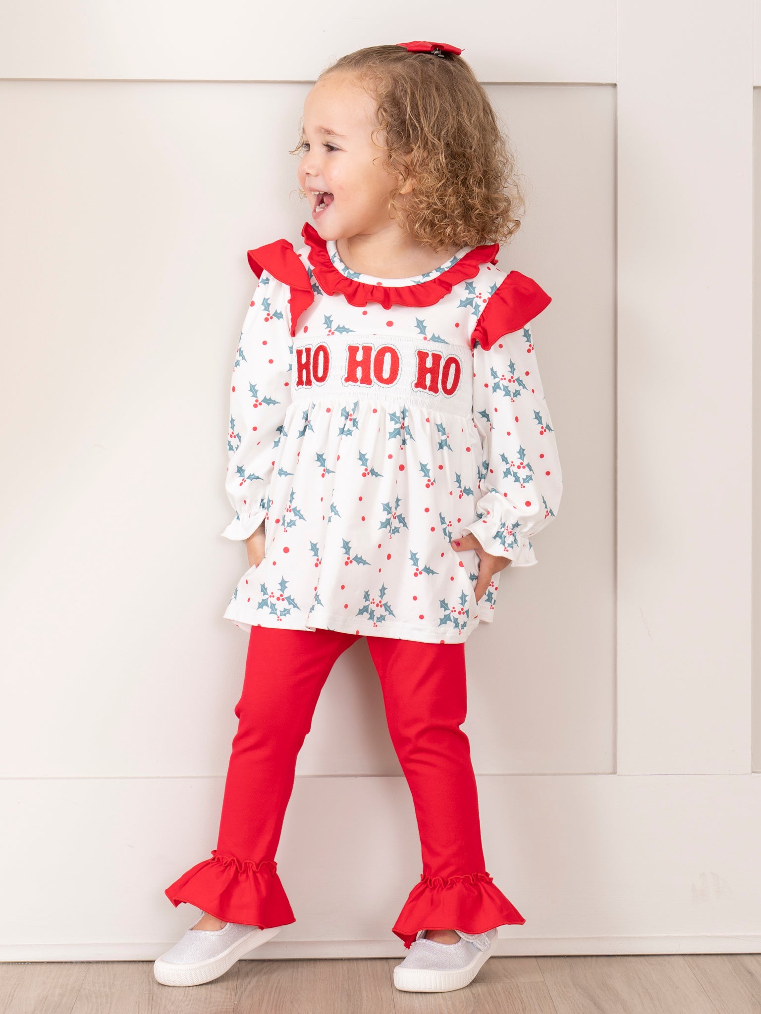 Red & Green Smocked "Ho Ho Ho" Ruffle Outfit - Marie Nicole Clothing