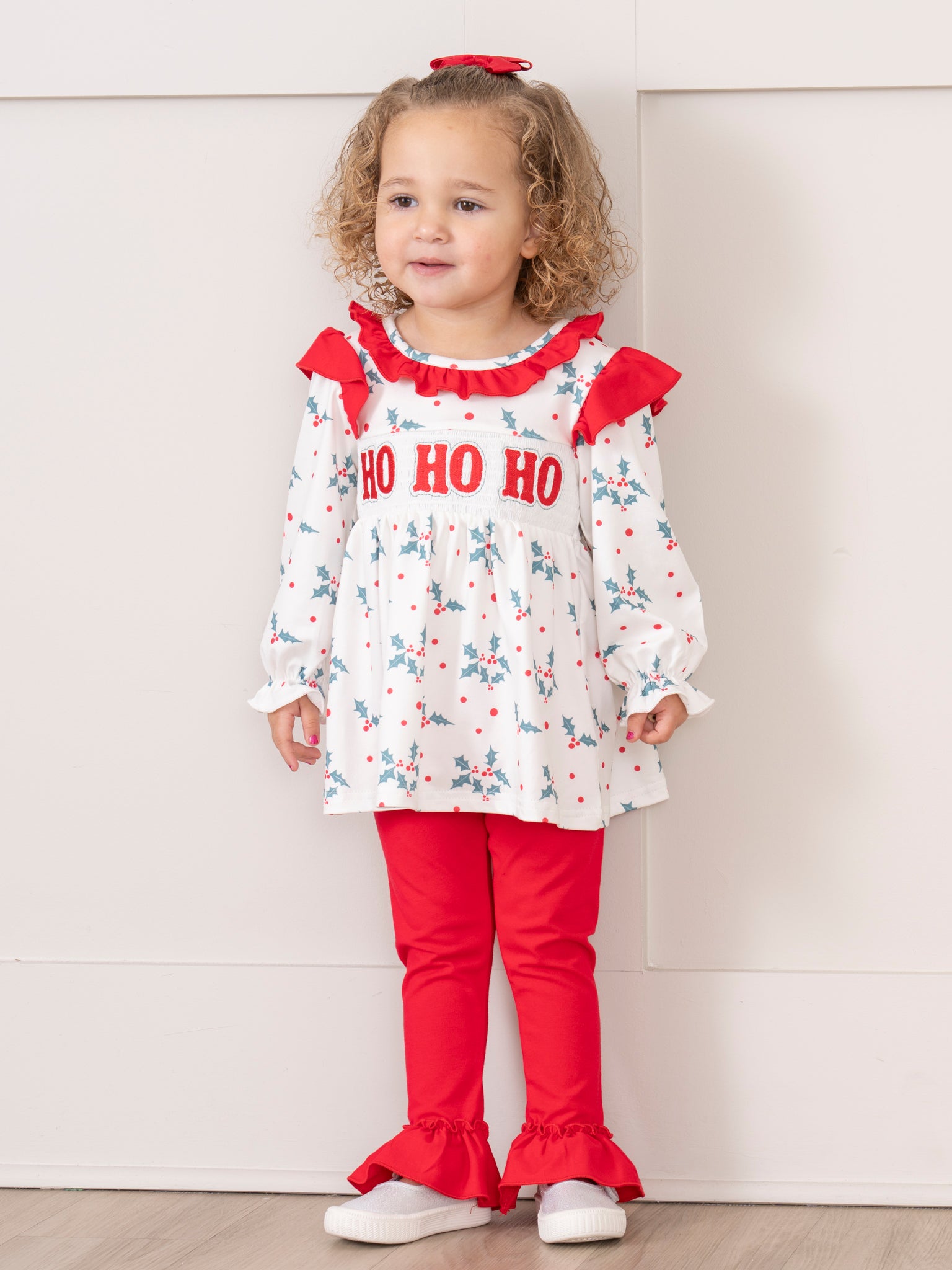 Red & Green Smocked "Ho Ho Ho" Ruffle Outfit - Marie Nicole Clothing
