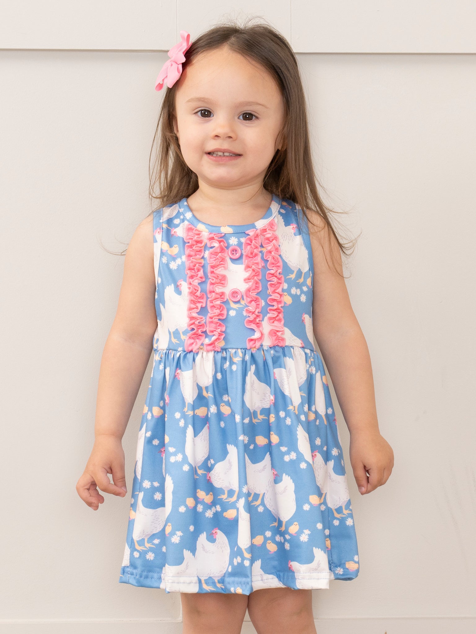 Bright Blue & Pink Chicken Ruffle Dress - Marie Nicole Clothing