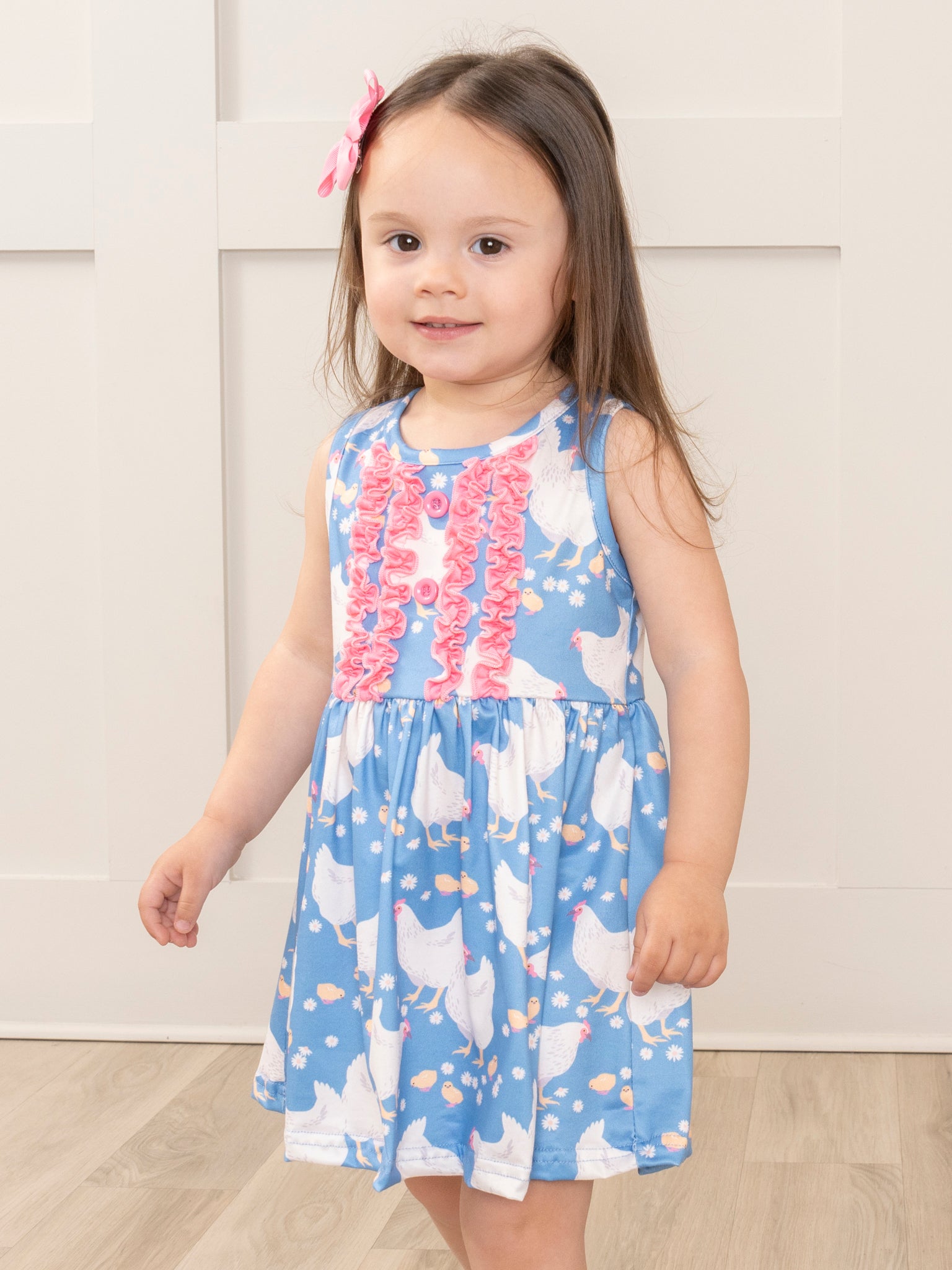 Bright Blue & Pink Chicken Ruffle Dress - Marie Nicole Clothing