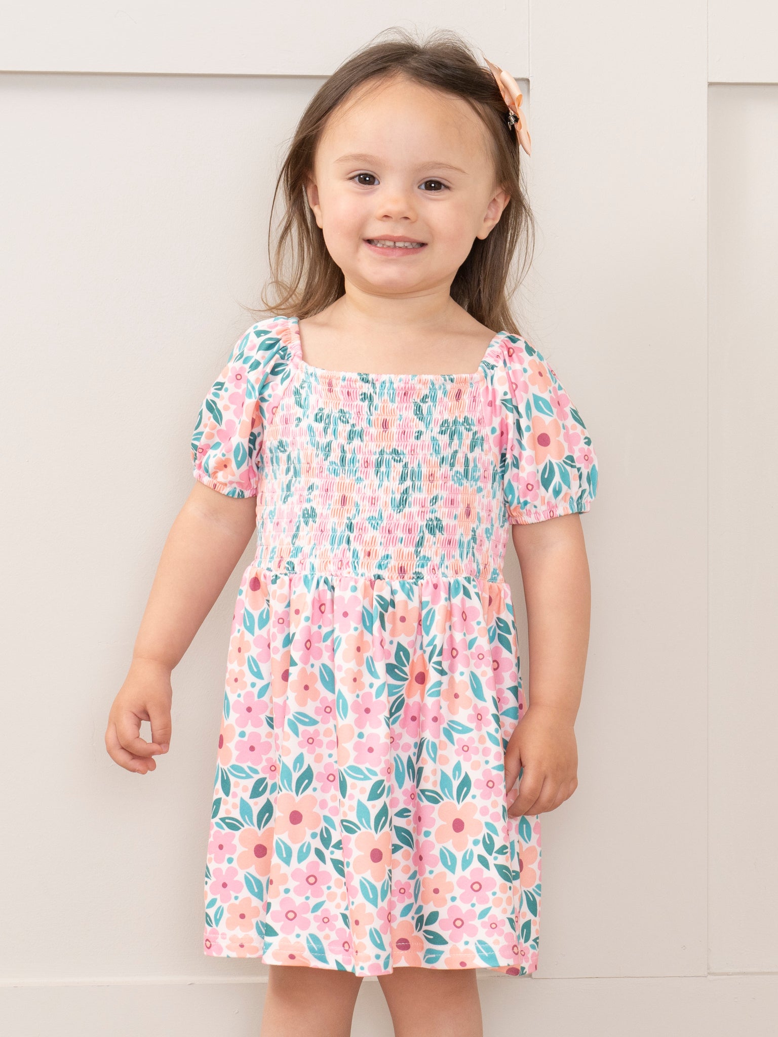 Peach & Pink Blooms Smocked Ruffle Dress - Marie Nicole Clothing