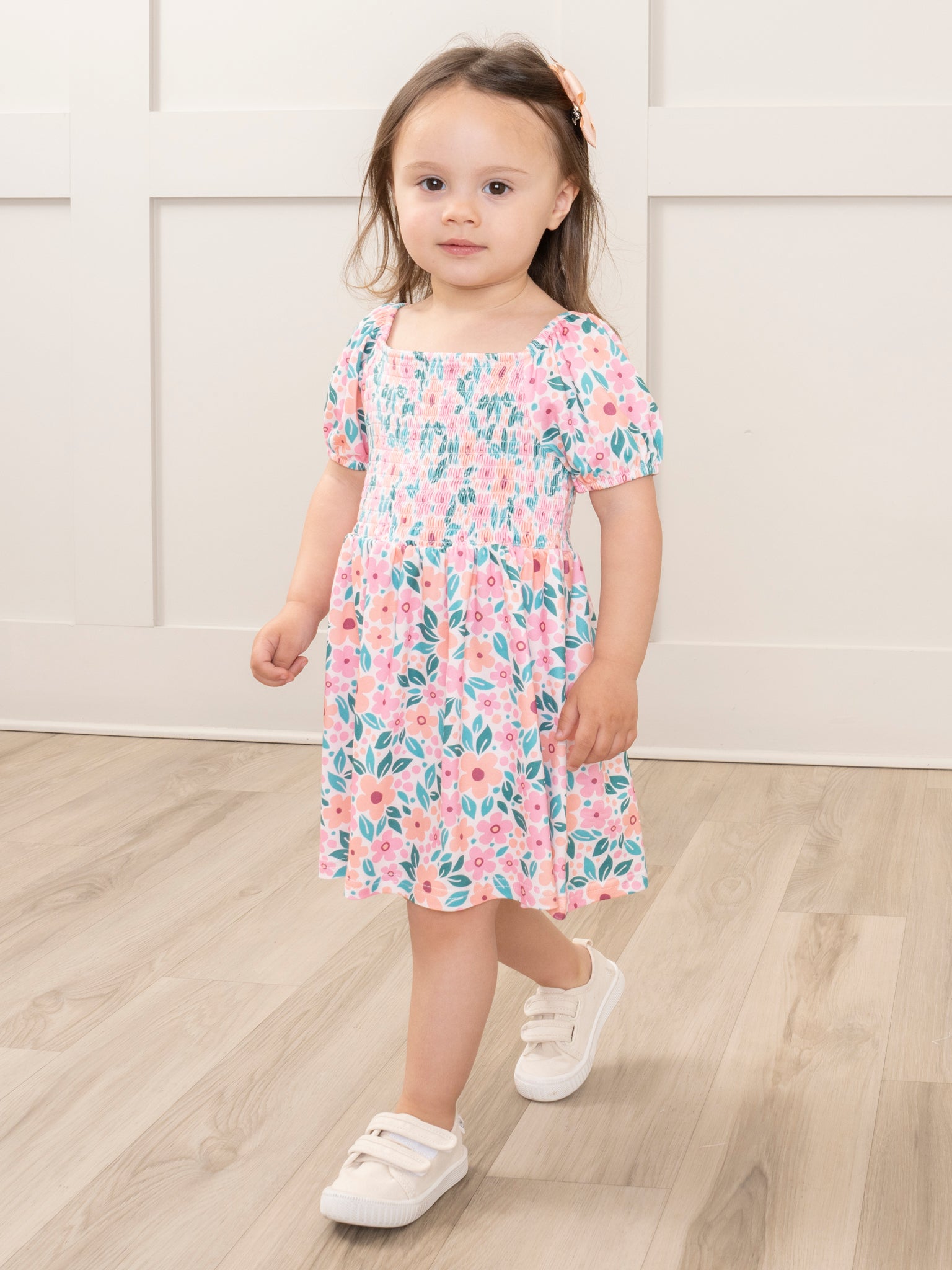 Peach & Pink Blooms Smocked Ruffle Dress - Marie Nicole Clothing
