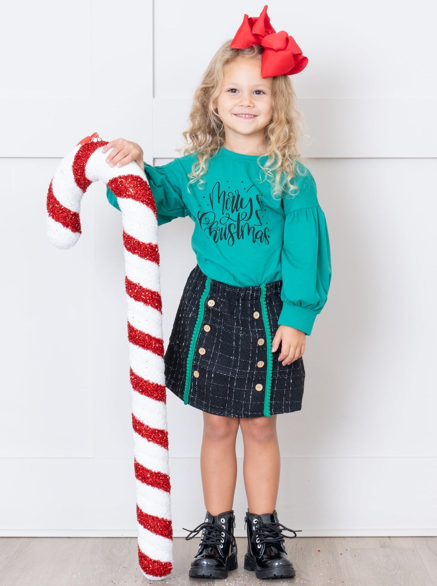 Green & Black Christmas Boucle Skirt Outfit - Marie Nicole Clothing