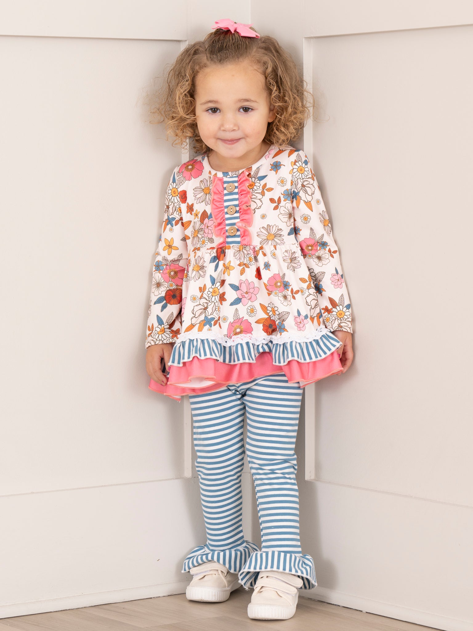Pink & Blue Vintage Florals & Stripes Ruffle Outfit - Marie Nicole Clothing