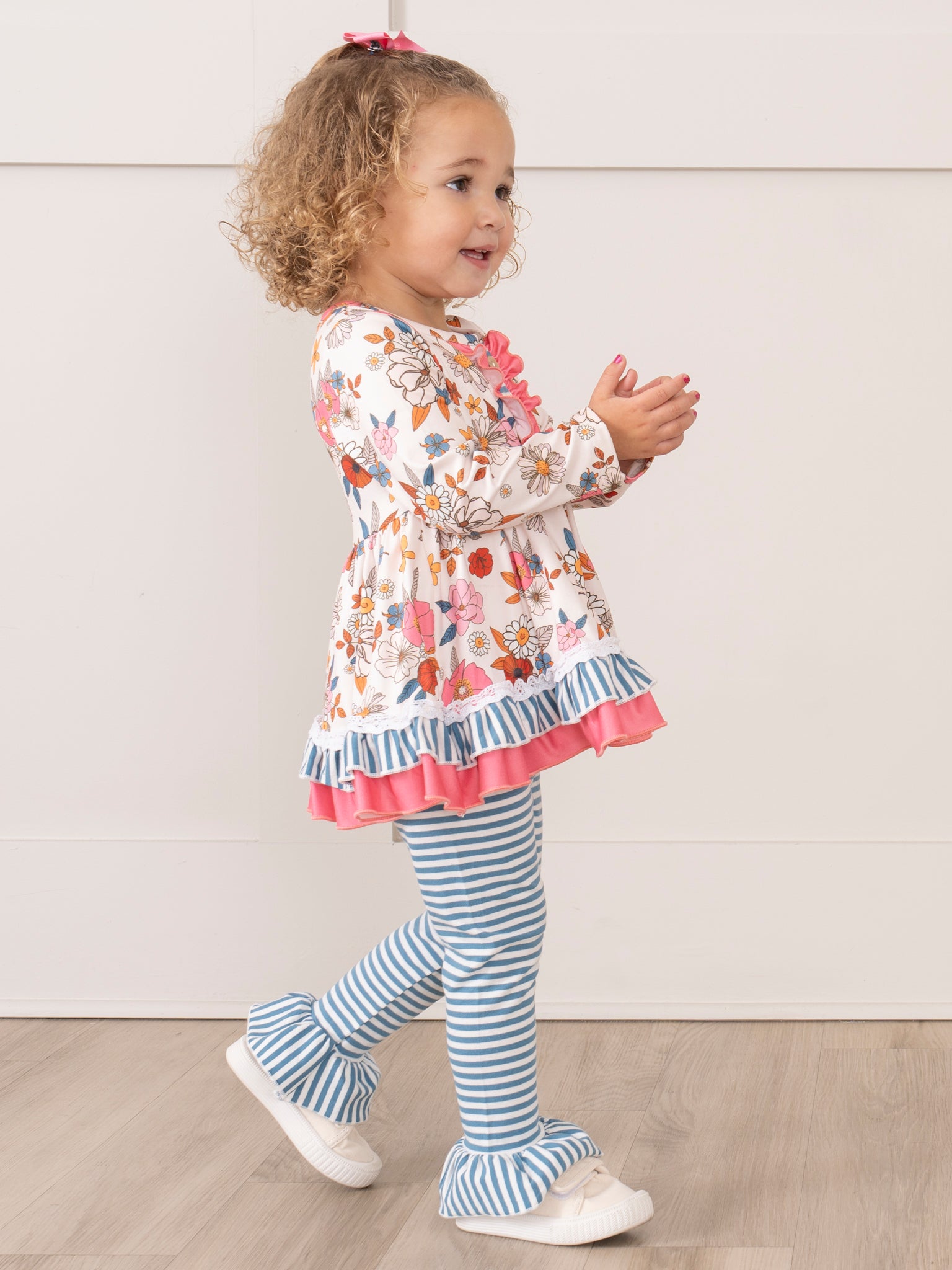 Pink & Blue Vintage Florals & Stripes Ruffle Outfit - Marie Nicole Clothing