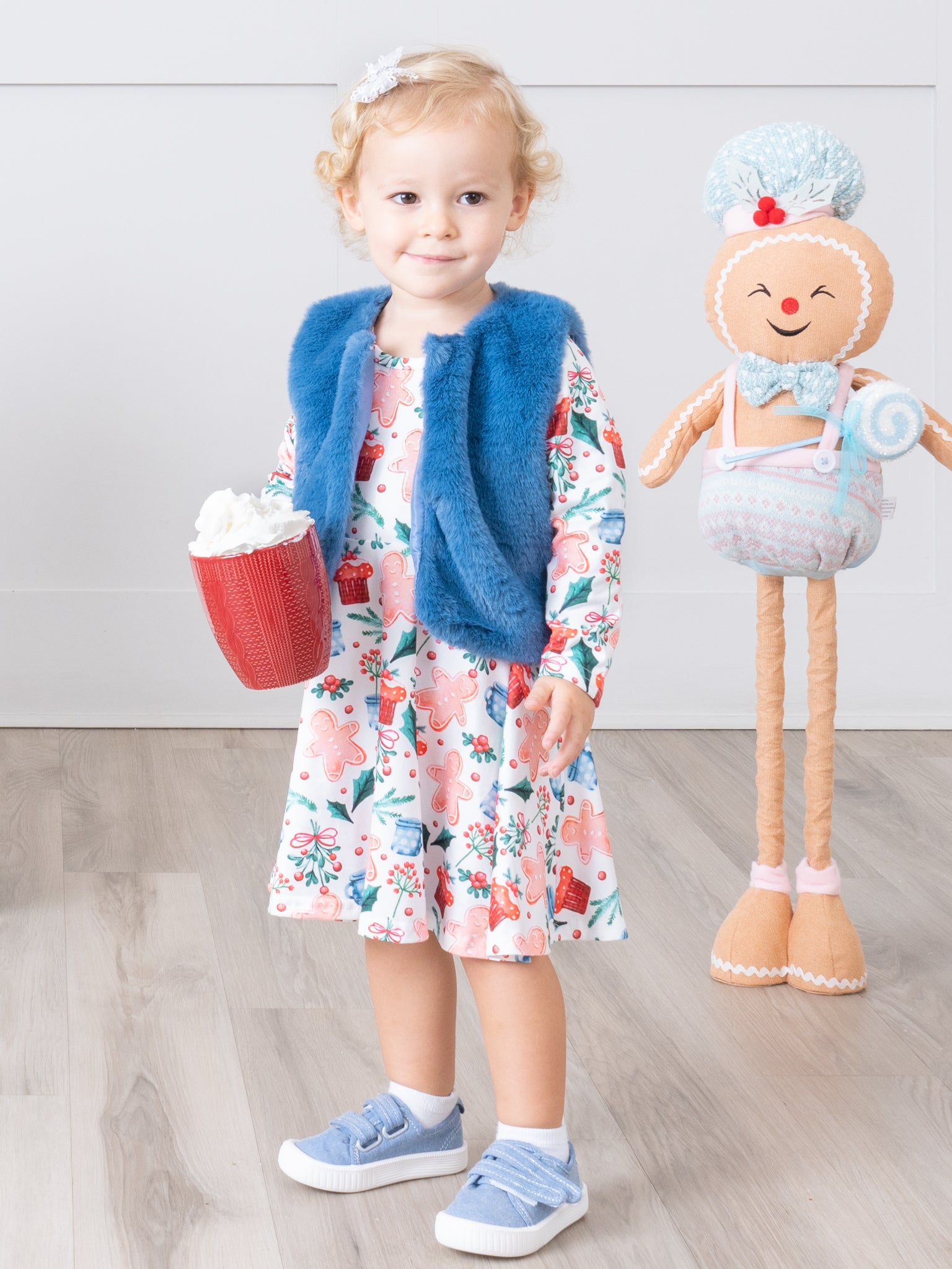 Gingerbread Garden Swing Dress w/ Faux Fur Vest - Marie Nicole Clothing