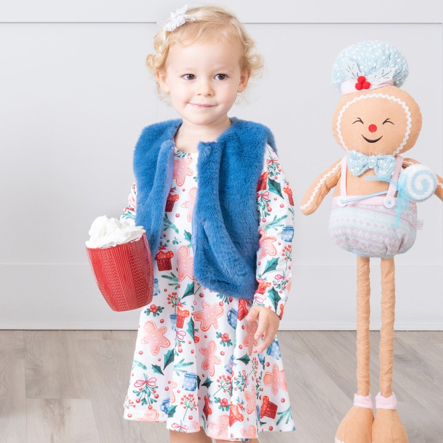 Gingerbread Garden Swing Dress w/ Faux Fur Vest - Marie Nicole Clothing