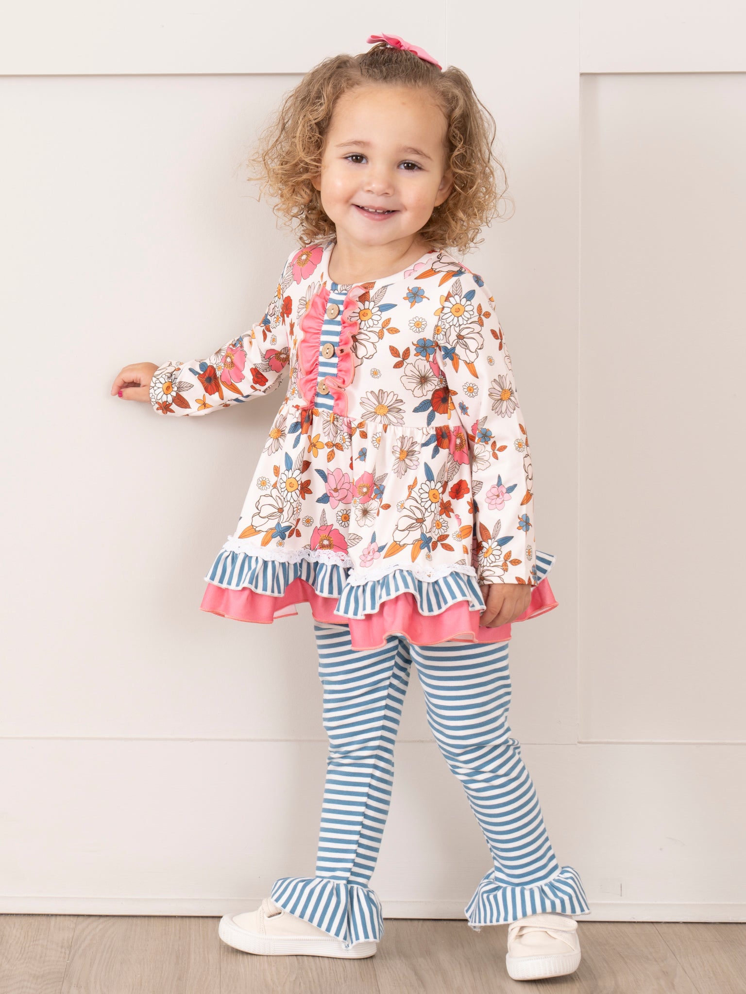 Pink & Blue Vintage Florals & Stripes Ruffle Outfit - Marie Nicole Clothing