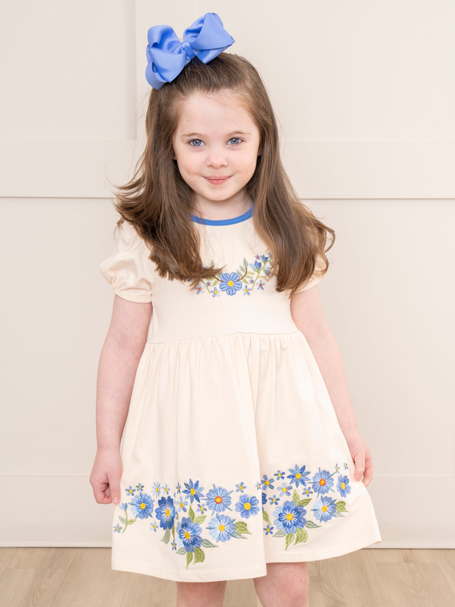 Cream & Blue Embroidered Garden Dress - Marie Nicole Clothing