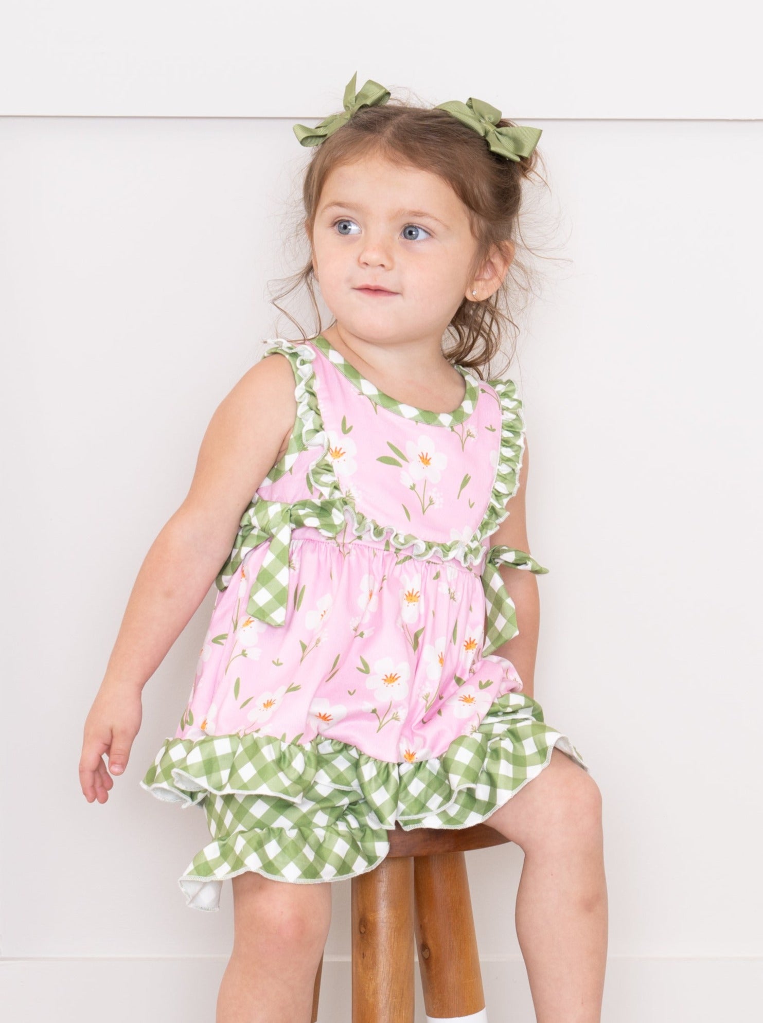 Light Pink Floral Gingham Ruffle Outfit - Marie Nicole Clothing