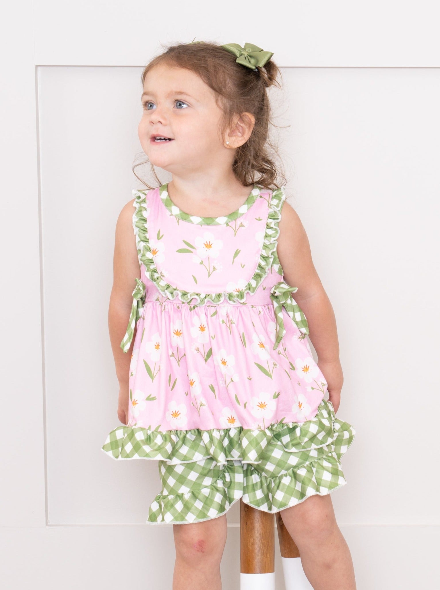 Light Pink Floral Gingham Ruffle Outfit - Marie Nicole Clothing