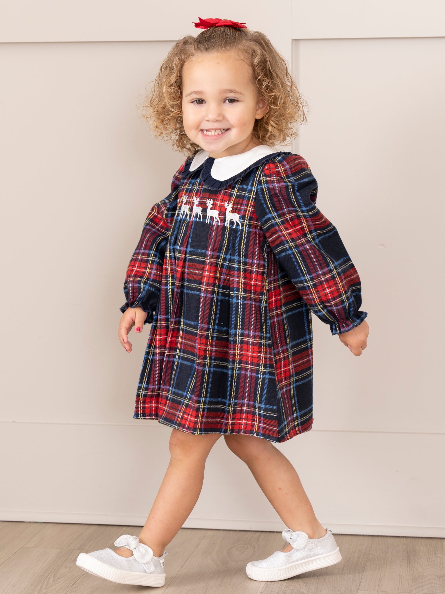 Embroidered Reindeer Plaid Dress - Marie Nicole Clothing