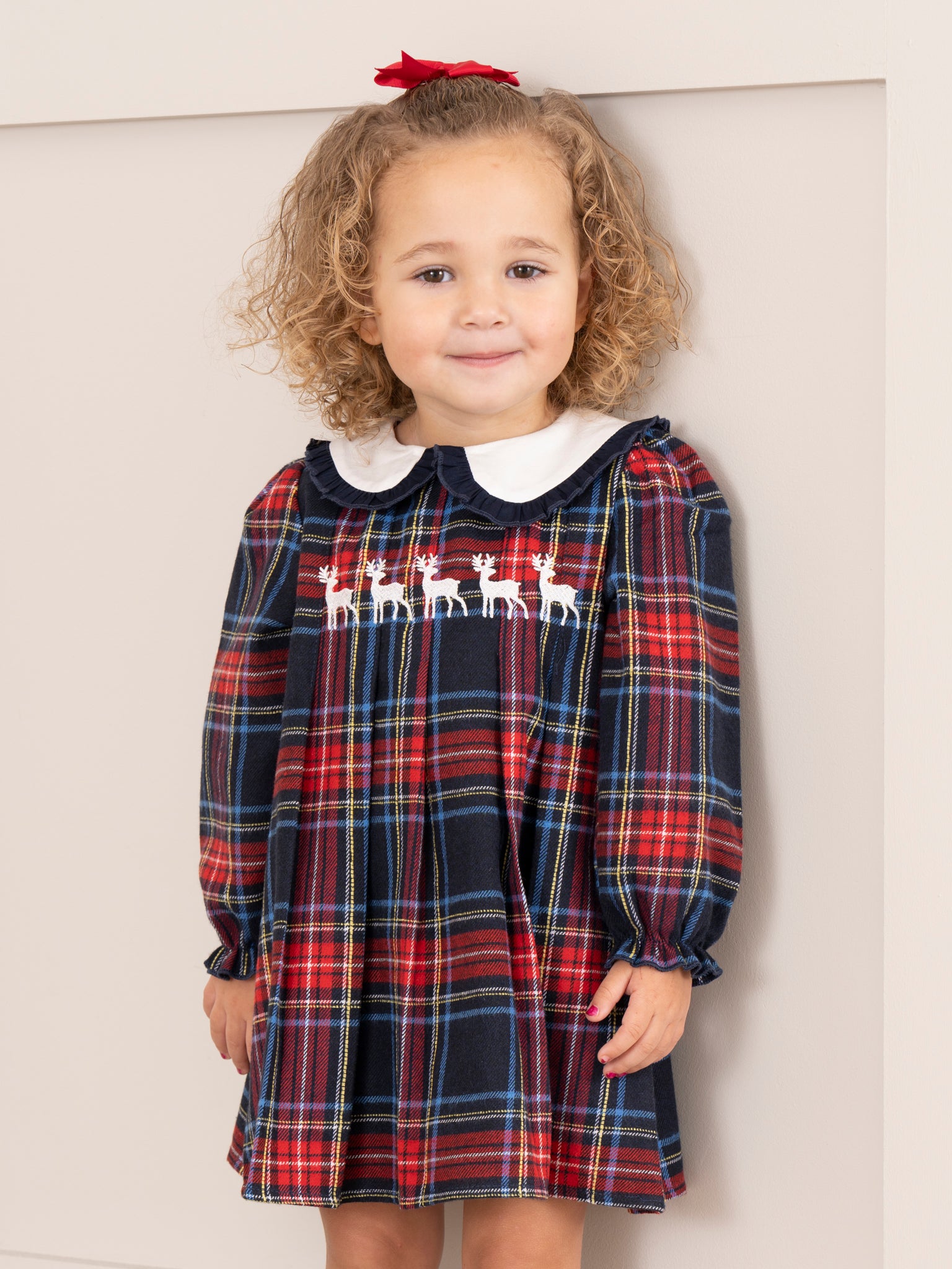 Embroidered Reindeer Plaid Dress - Marie Nicole Clothing