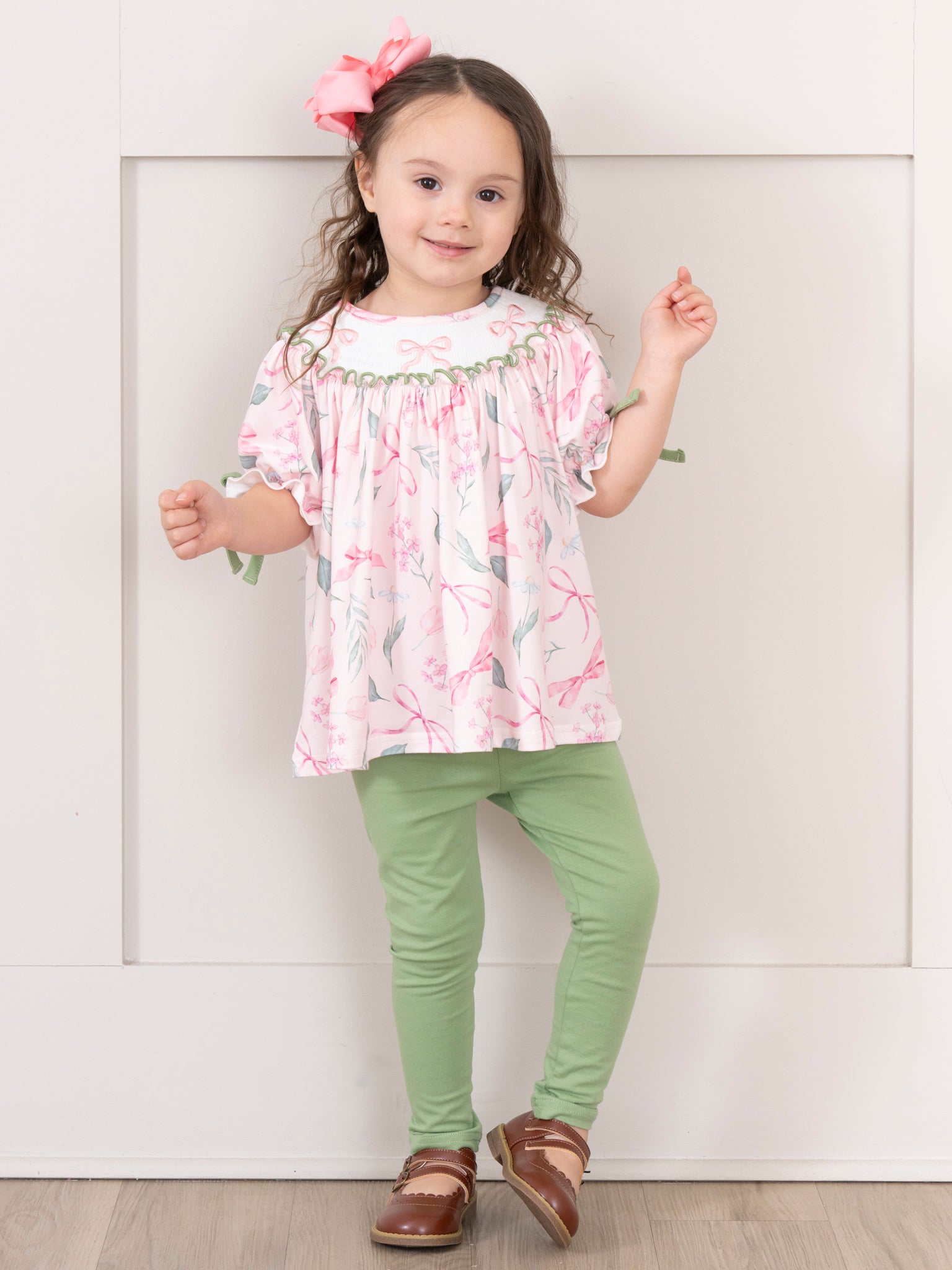 Pink & Green Smocked Bows Outfit - Marie Nicole Clothing
