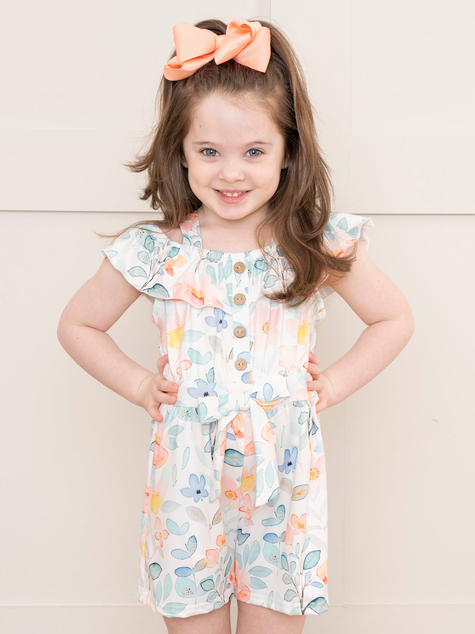 Teal & Peach Watercolor Garden Ruffle Romper - Marie Nicole Clothing