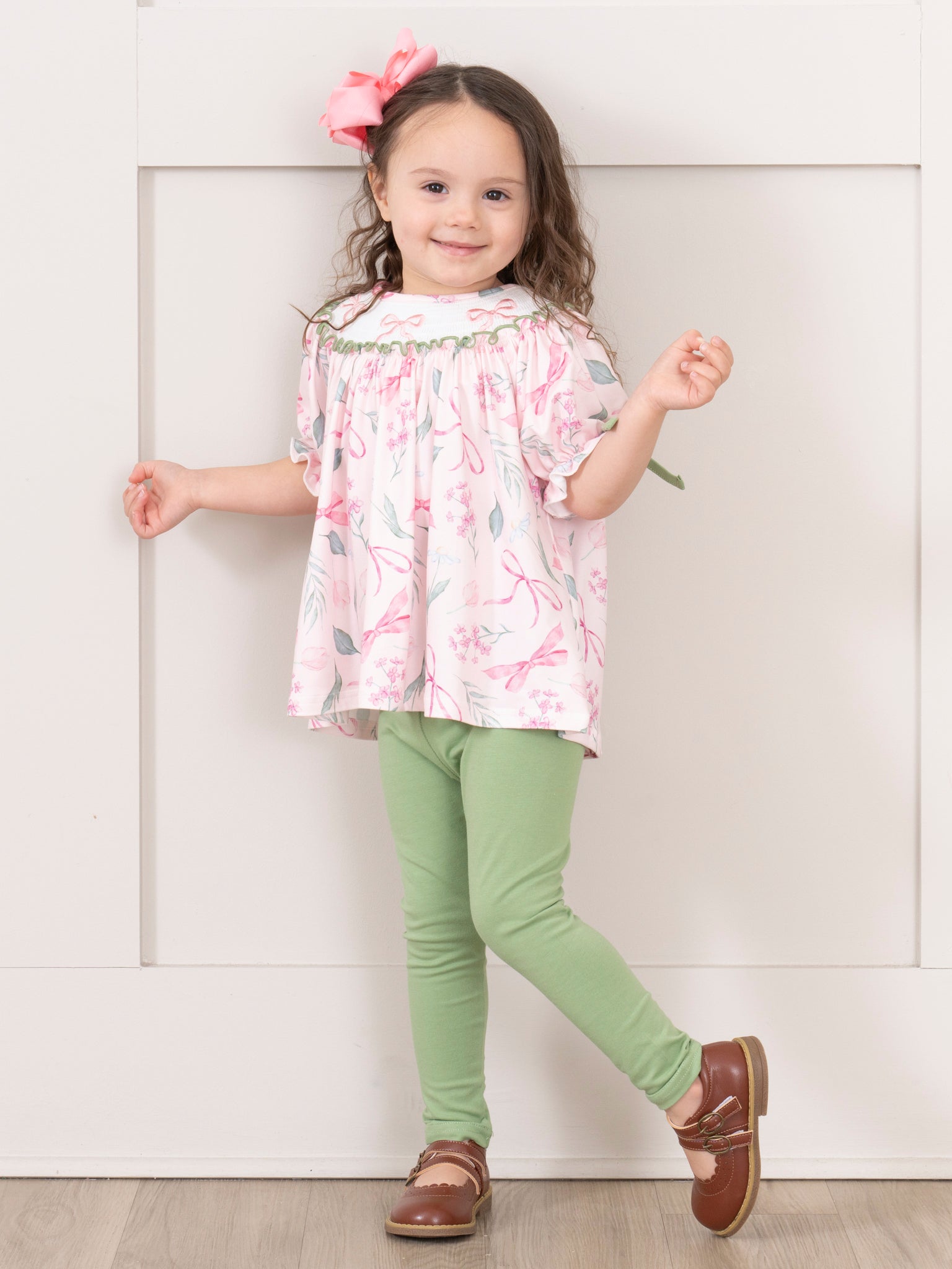 Pink & Green Smocked Bows Outfit - Marie Nicole Clothing