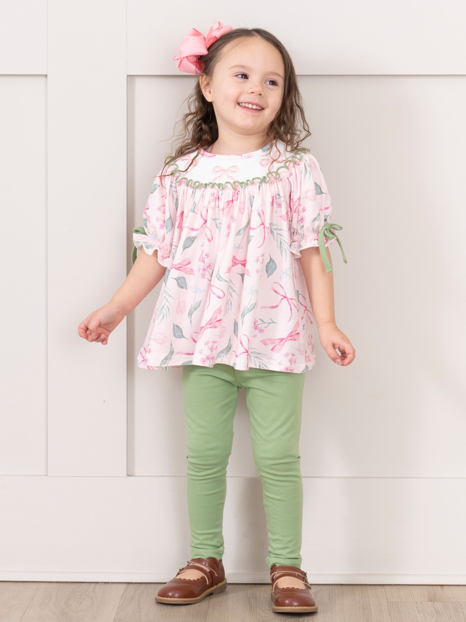 Pink & Green Smocked Bows Outfit - Marie Nicole Clothing
