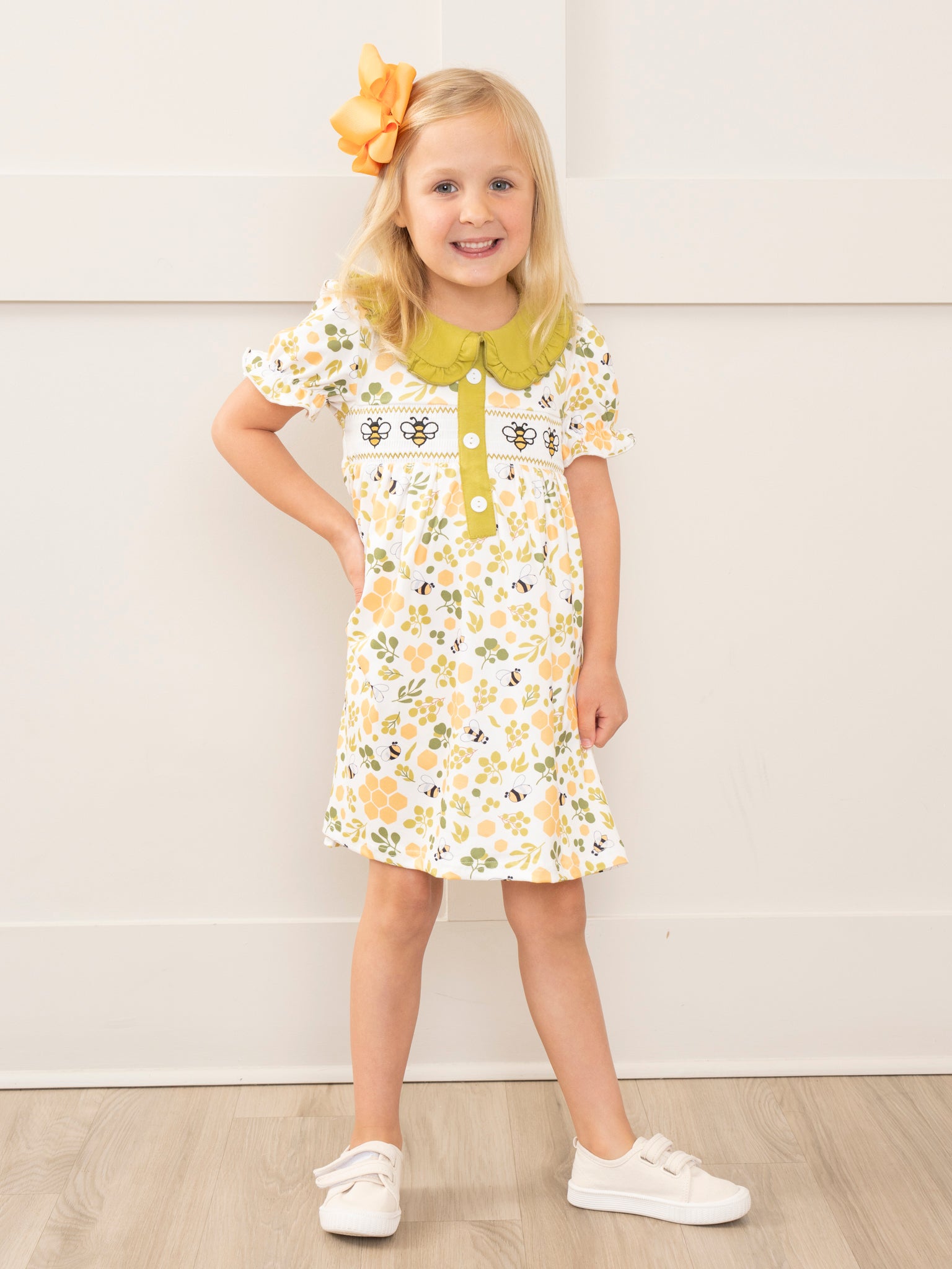 Green Smocked Honeycomb Ruffle Dress - Marie Nicole Clothing