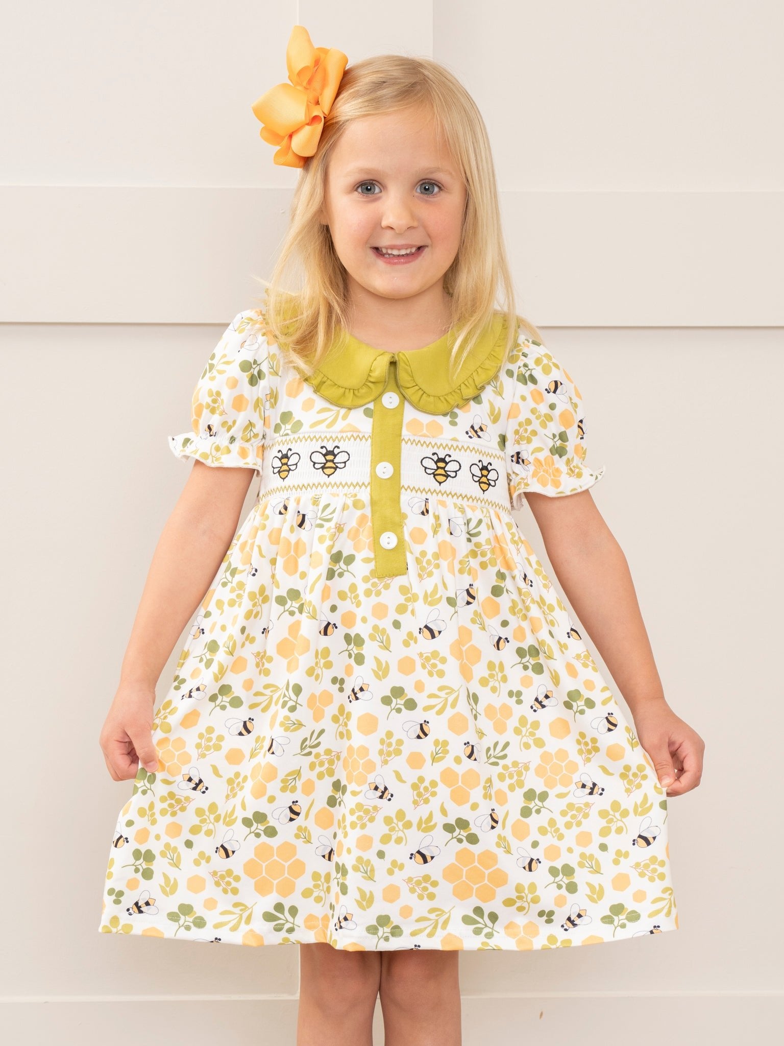 Green Smocked Honeycomb Ruffle Dress - Marie Nicole Clothing