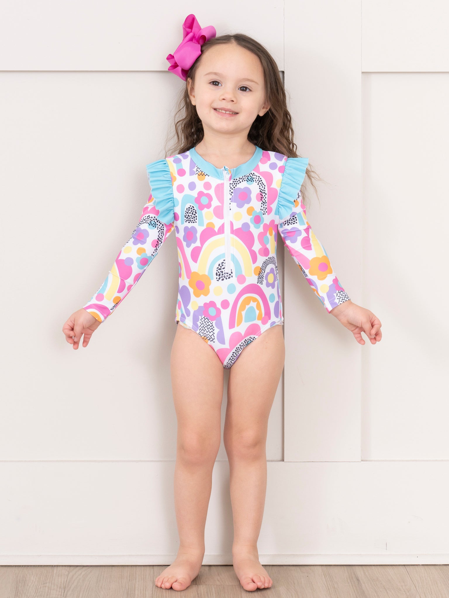 Bright Rainbows Ruffle One - Piece Rashguard Swimsuit - Marie Nicole Clothing