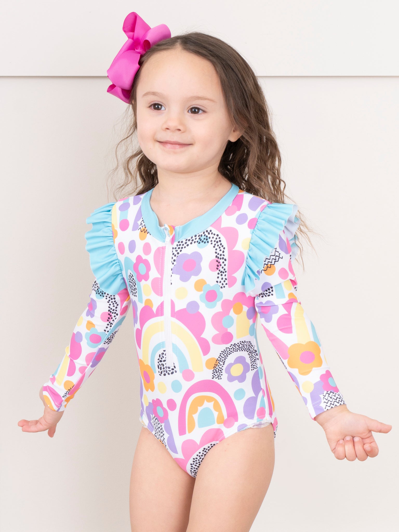 Bright Rainbows Ruffle One - Piece Rashguard Swimsuit - Marie Nicole Clothing