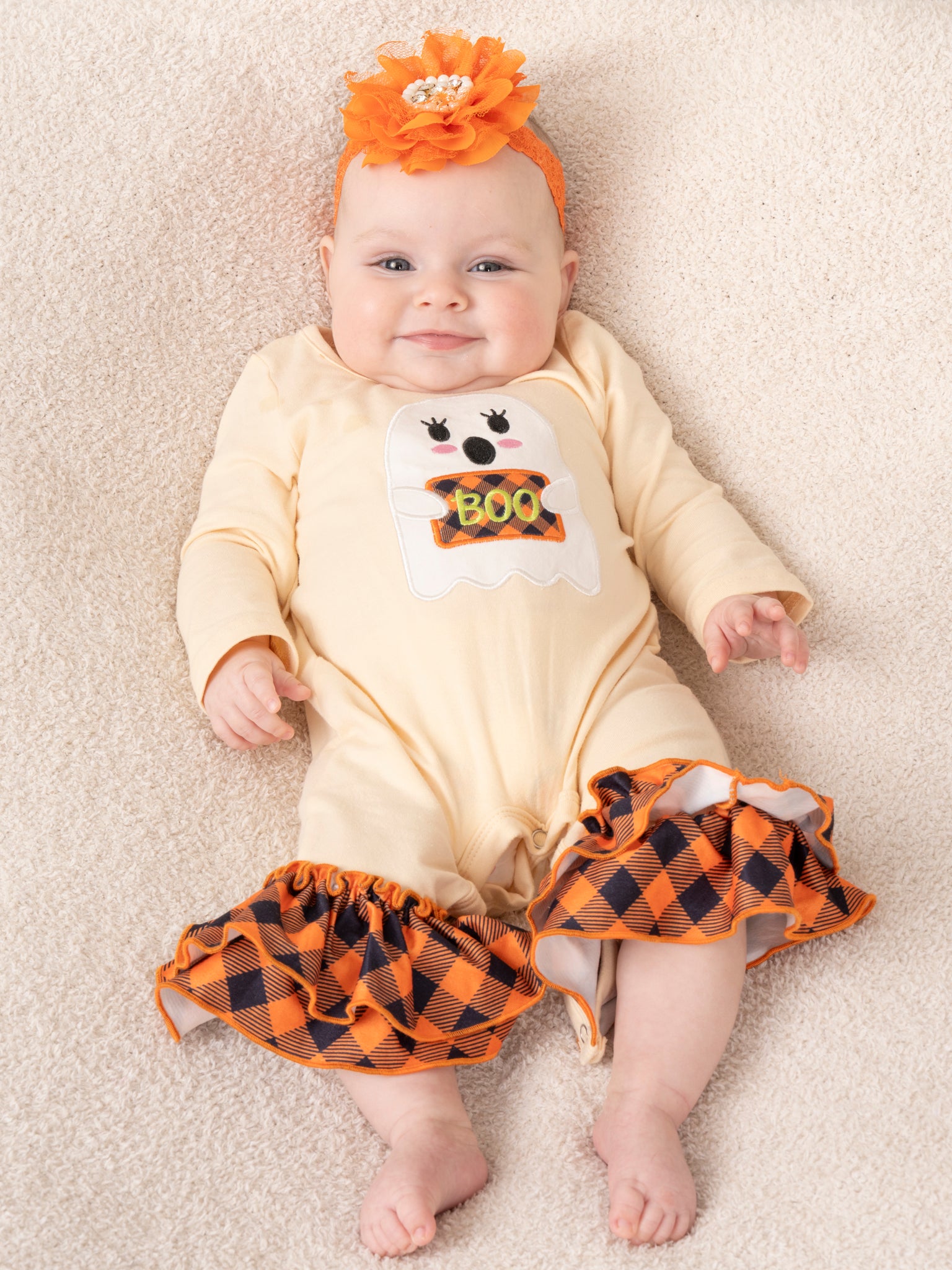 Orange Cream & Black Plaid Ghost Ruffle Romper - Marie Nicole Clothing