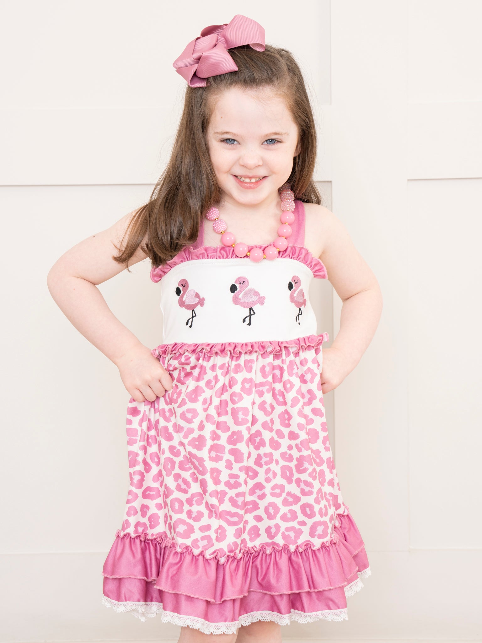 Mauve Embroidered Flamingos & Leopard Ruffle Dress - Marie Nicole Clothing
