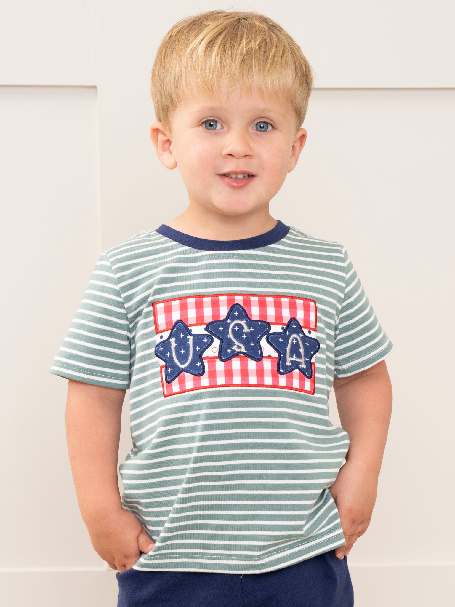 Green Striped Embroidered USA Shirt - Marie Nicole Clothing