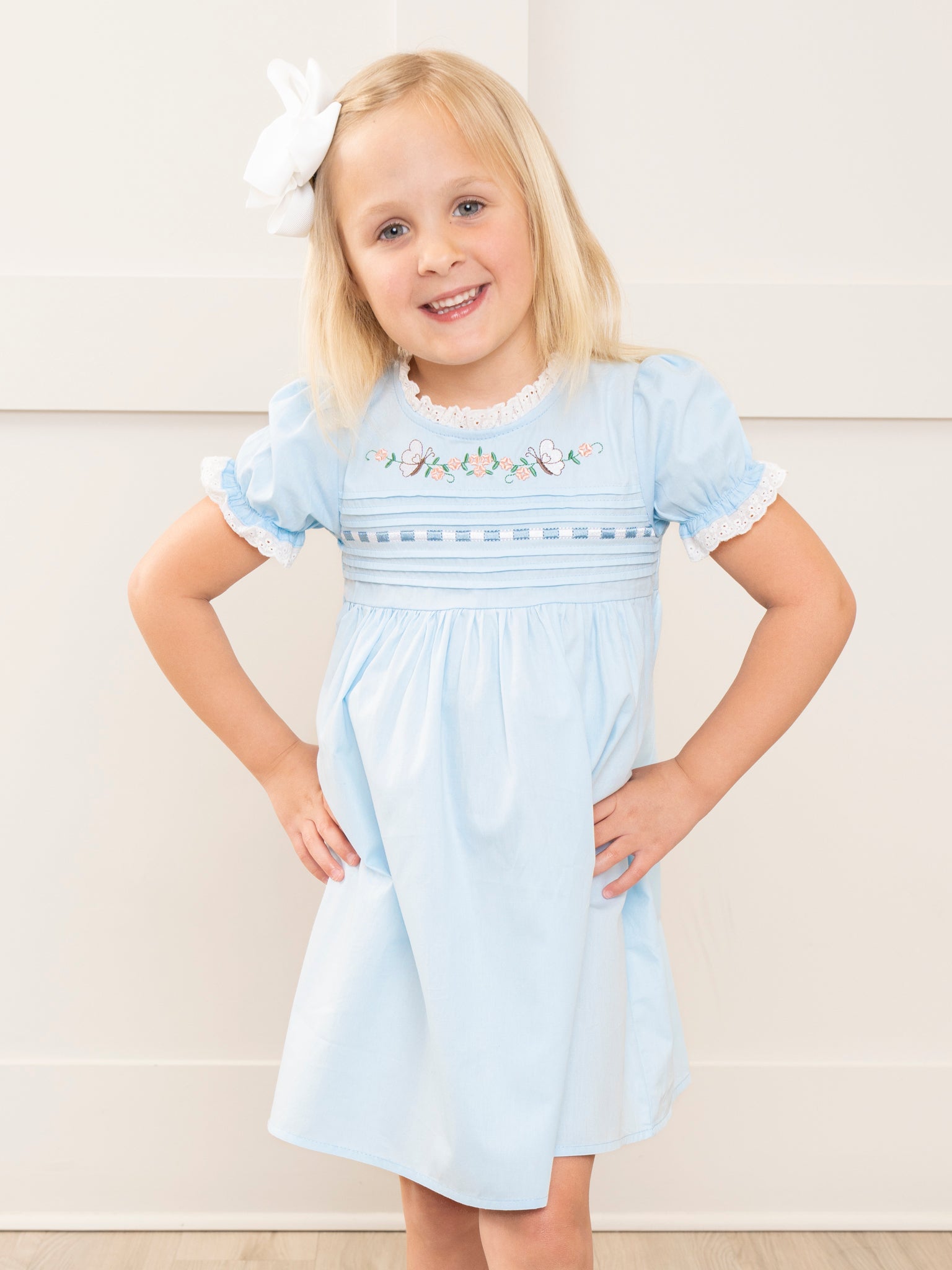 Light Blue Embroidered Garden Smocked Ruffle Dress - Marie Nicole Clothing