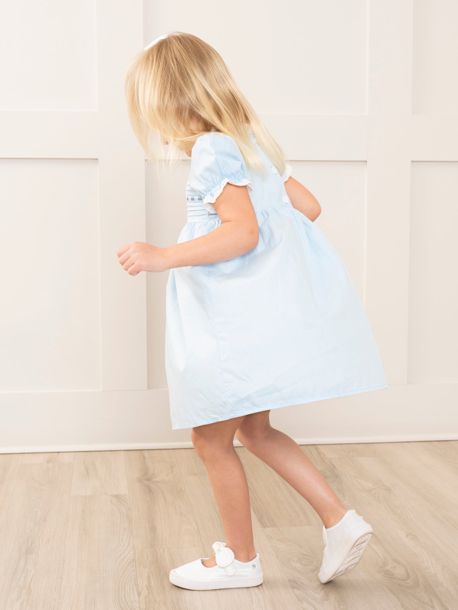 Light Blue Embroidered Garden Smocked Ruffle Dress - Marie Nicole Clothing