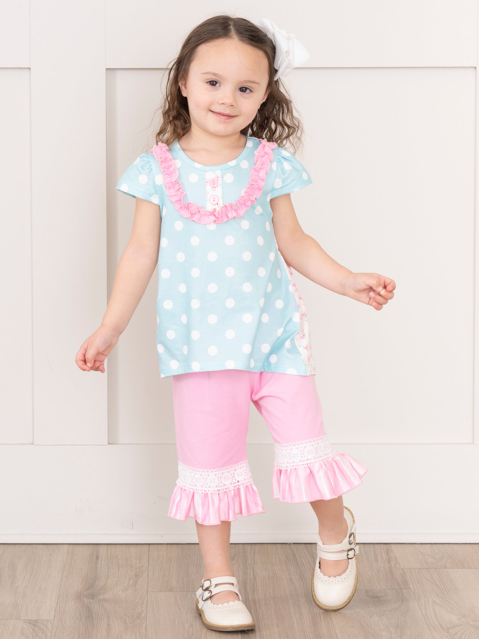 Sky Blue Polka Dot Ruffle Outfit - Marie Nicole Clothing
