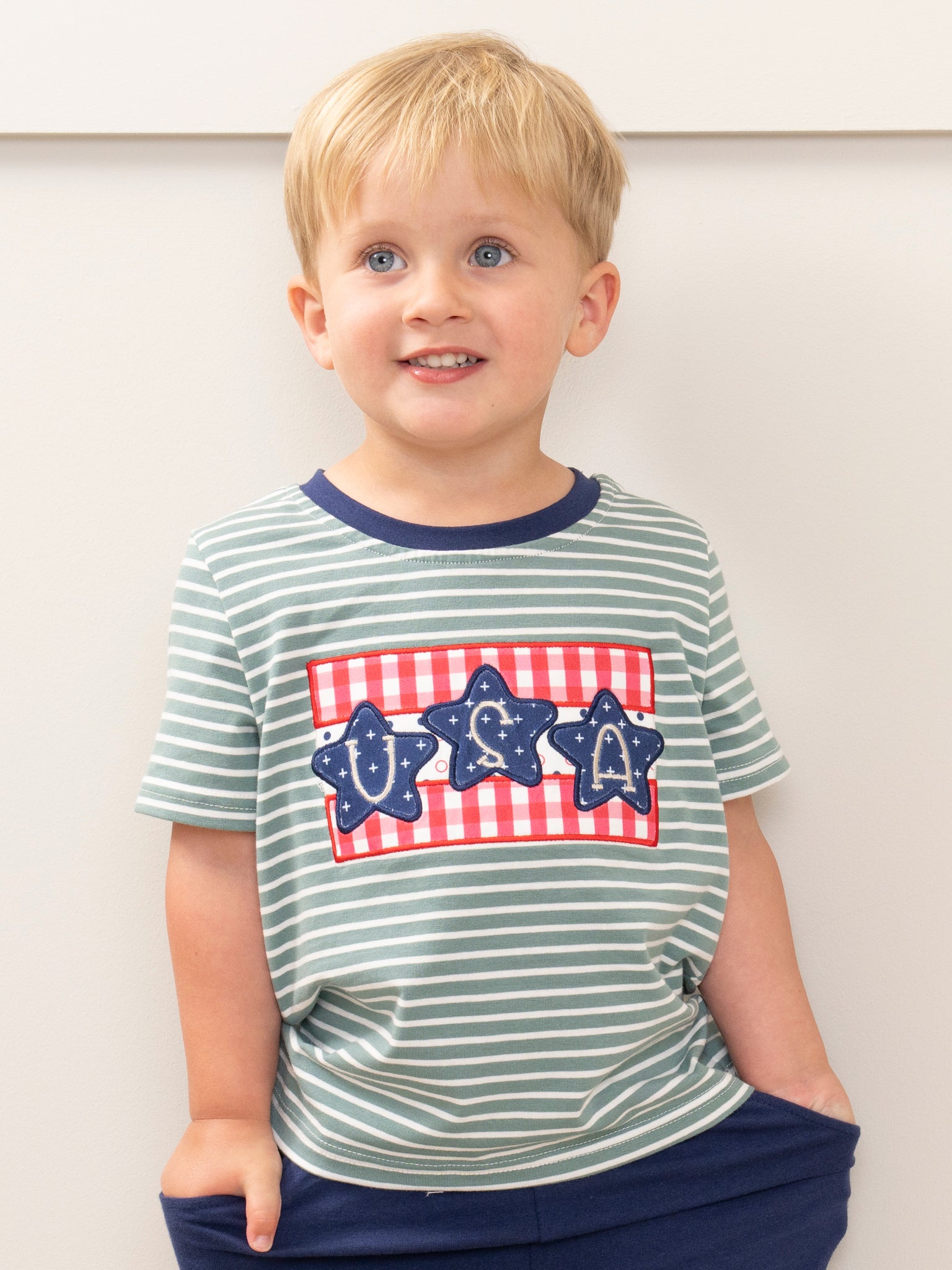 Green Striped Embroidered USA Shirt - Marie Nicole Clothing