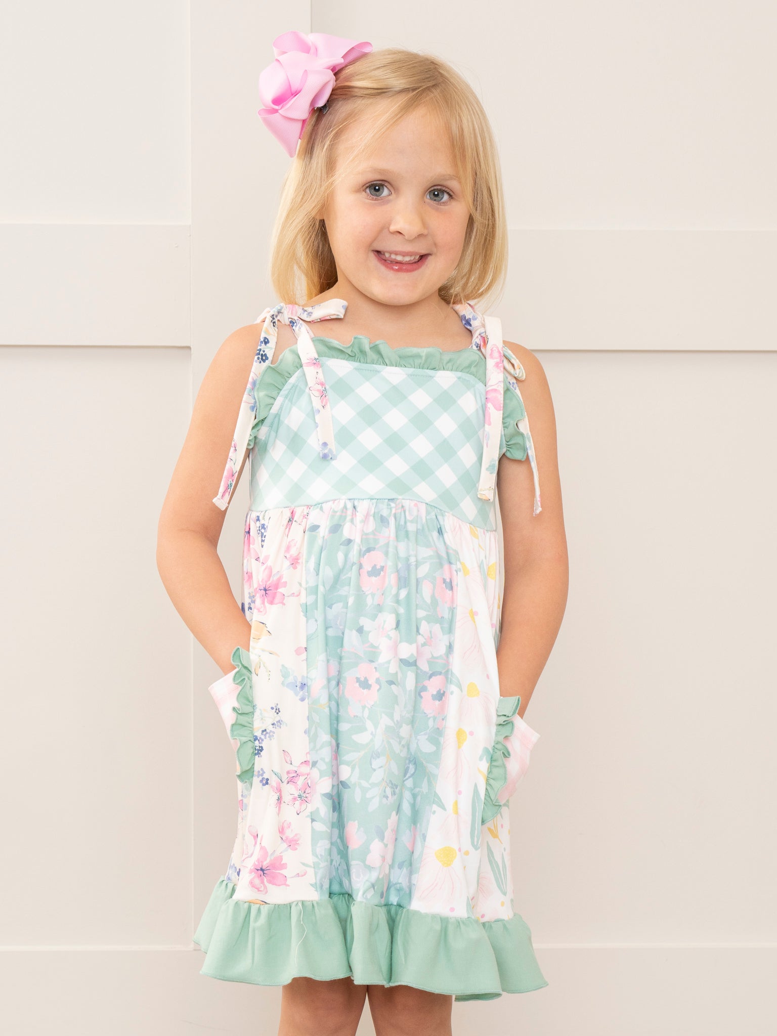 Pink & Green Gingham Garden Ruffle Dress - Marie Nicole Clothing